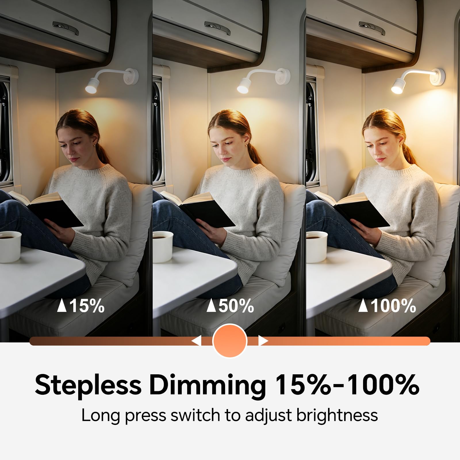 2 x Lampade da Lettura Camper LED 12V, 3200K (Dimmabile) e Luce Notturna Rossa Soffusa, Dotato di Caricabatterie USB-A e USB-C, per Barca Furgone Cabina, Flessibile Collo di Cigno (Bianco)