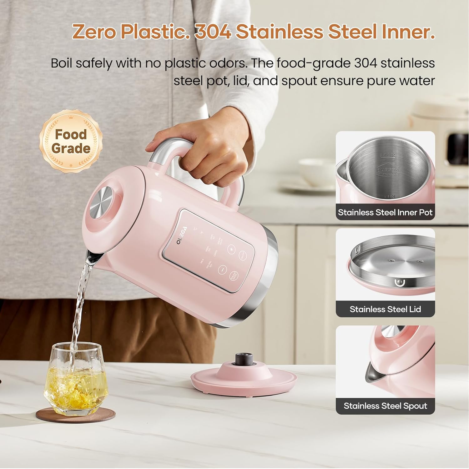 Electric Kettle Temperature Control: OLEGA 1.5L Stainless Steel Smart Kettle Hot Water Boiler, 6 Temp Presets, 1200W Fast Boiling Electric Tea & Coffee Kettle, Electric Kettles Teapot for Home -Pink