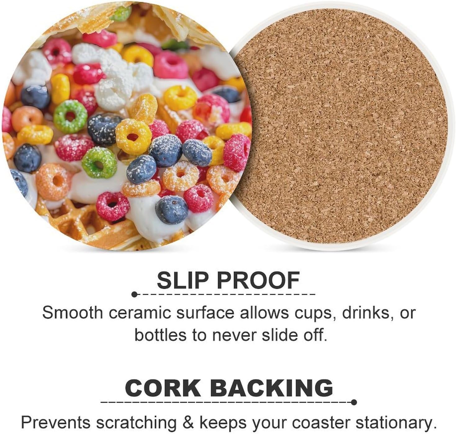 Fruit Loop Waffles1 Round Ceramic Coasters Print Drinks Absorbent with Cork Base for Home Decor Gifts 4 Inch