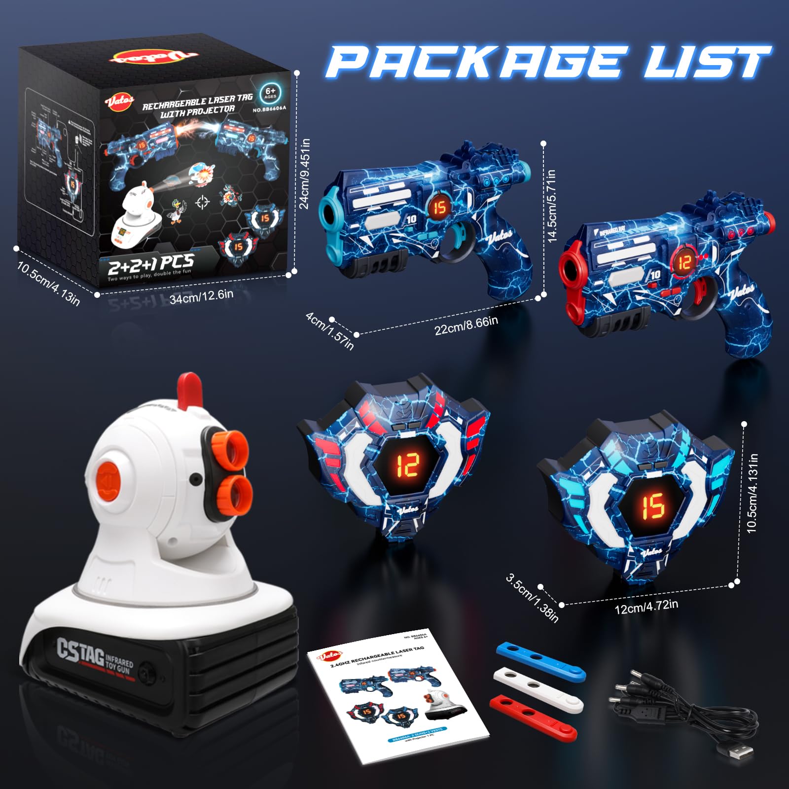 VATOS Wiederaufladbares Laser Tag Set mit Projektor, 2 Spieler Spielzeugpistole mit Projektor und digitaler LED-Punktanzeige, Schießspiele mit 3 Zielen, perfektes Familienspielzeug für Kinder