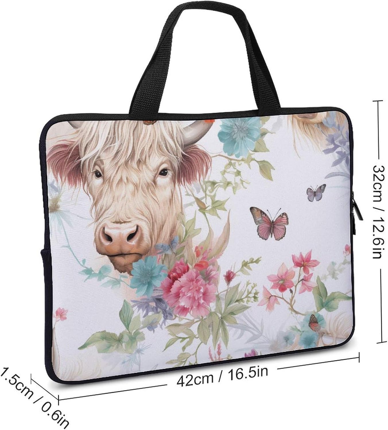 Highland Cow Flower Butterfly Cute Laptop Sleeve Case Lightweight Computer Carrying Bag 10 Inch/12 Inch/ 13 Inch/15 Inch/17 Inch