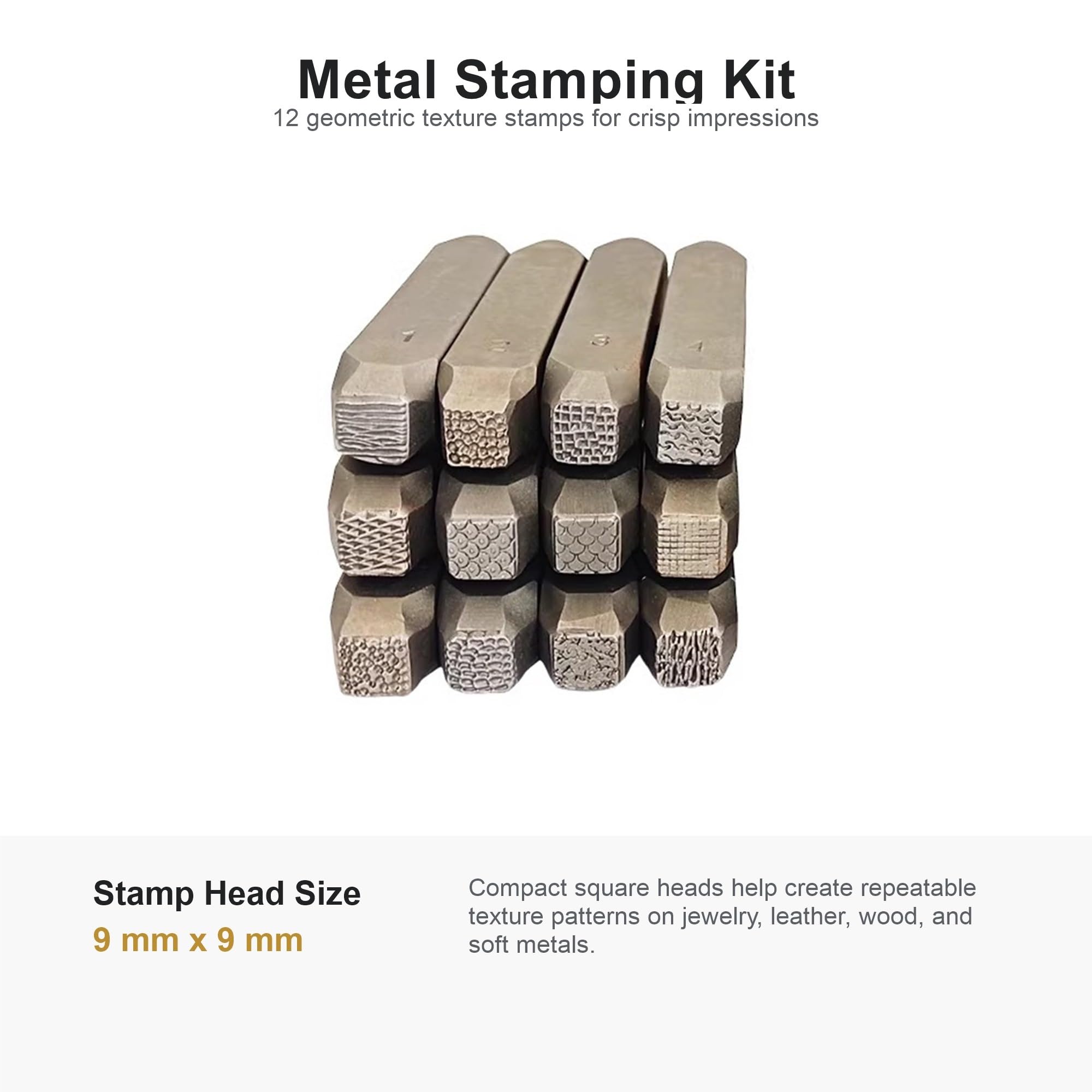 12-częściowy zestaw do stemplowania metalu z geometryczną teksturą 9 mm do rękodzieła, stal poddana obróbce cieplnej, do biżuterii, skóry, drewna, głowic 9 mm, 12 wzorów mieszanych tekstur