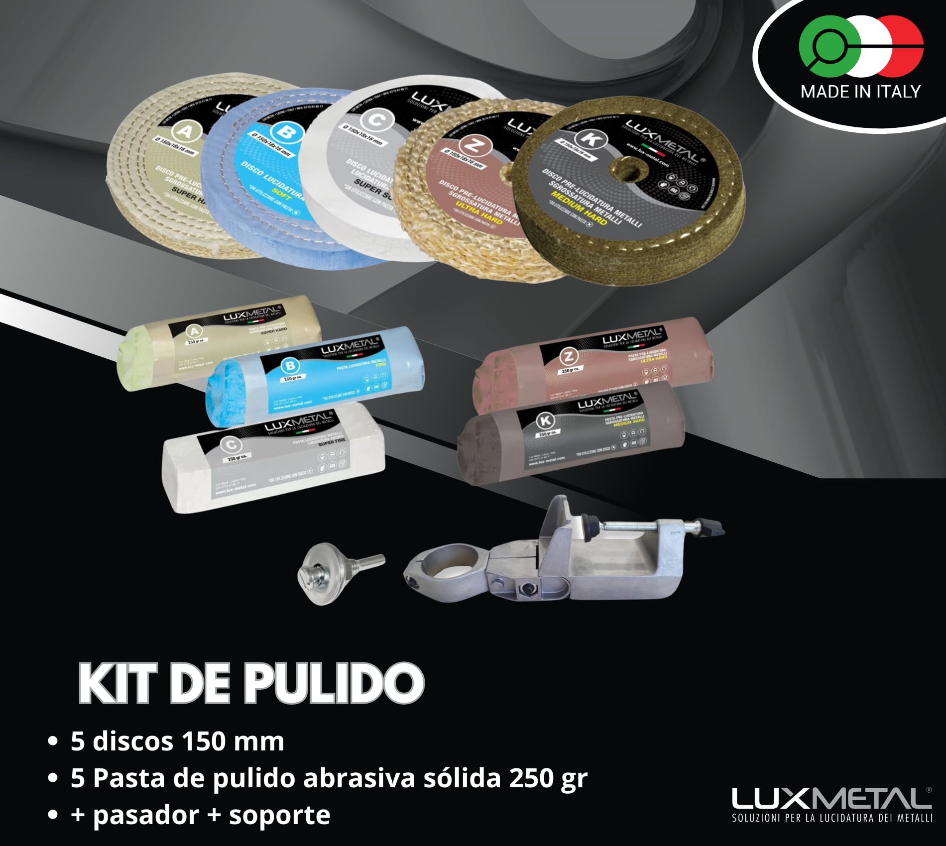 Kit 5 Discos Pulidores 150 mm 5 Pastas Abrasiva Pulidoras 250 gr Para Aluminio Hierro Acero Inoxidable Bronce Mármol Rueda de Pulido para Metales Taladro Muela Amoladora Fieltro Algodón
