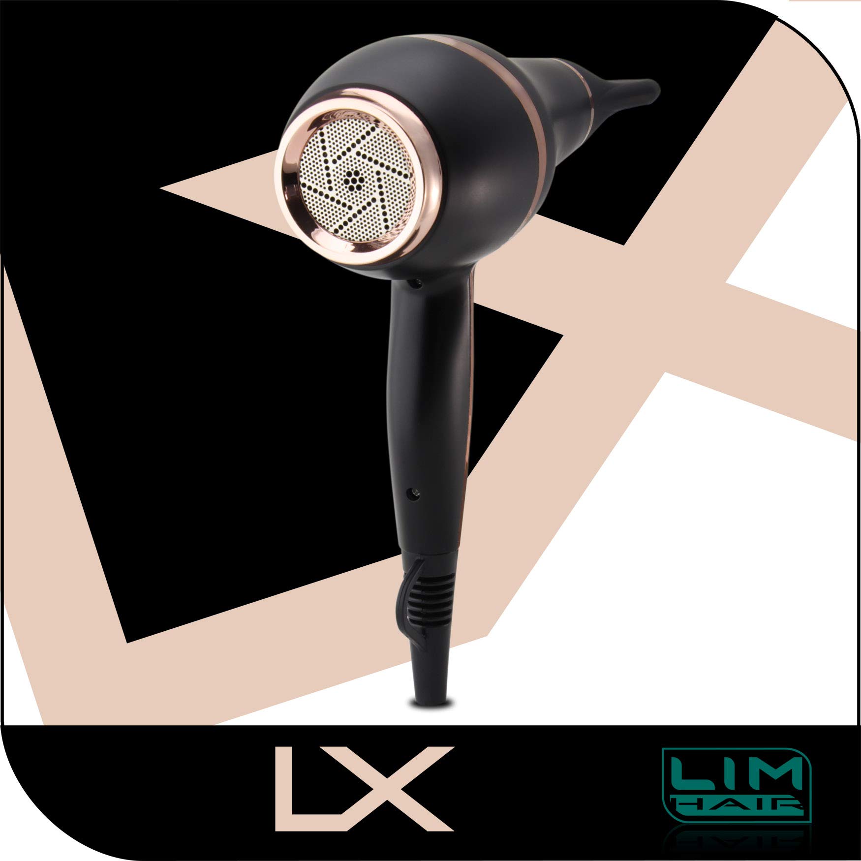 Secador de cabello LIM HAIR LX. LUXURY, NanoSILVER, 2200 W, PROFESIONAL, vida Extra larga,ligero. 2 boquillas y difusor (NEGRO)