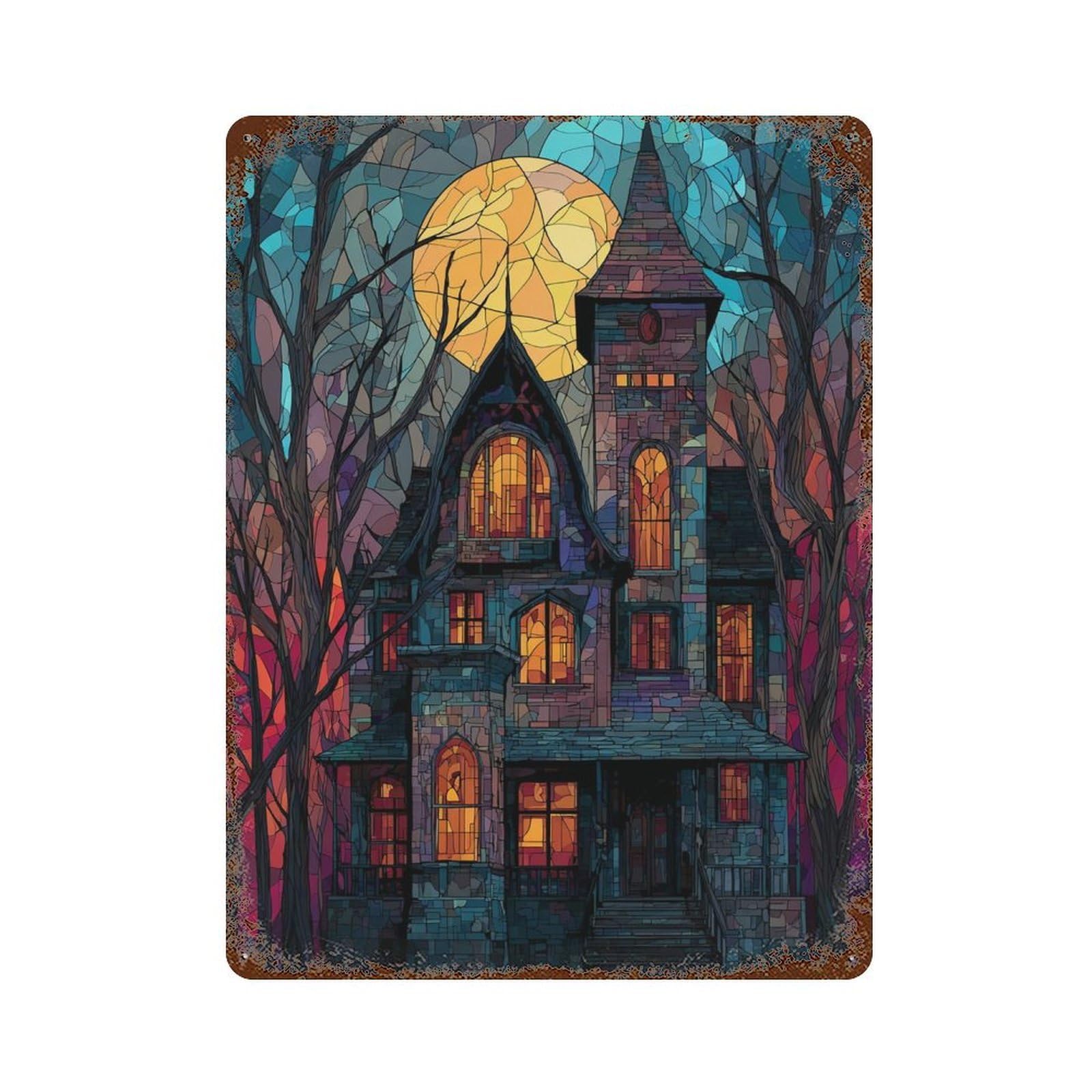 Decorative Tin Sign with Haunting Moonlit Mansion Design 15.7"x11.8", for Basement, Hobby Room And Garage Decor, Farmhouse Wall Decor
