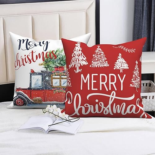 Miniatura 5 de Juego de 4 fundas de almohada de Navidad de 20 x 20 pulgadas, fundas de almohada cuadradas de terciopelo verde invierno con árbol de Navidad en el