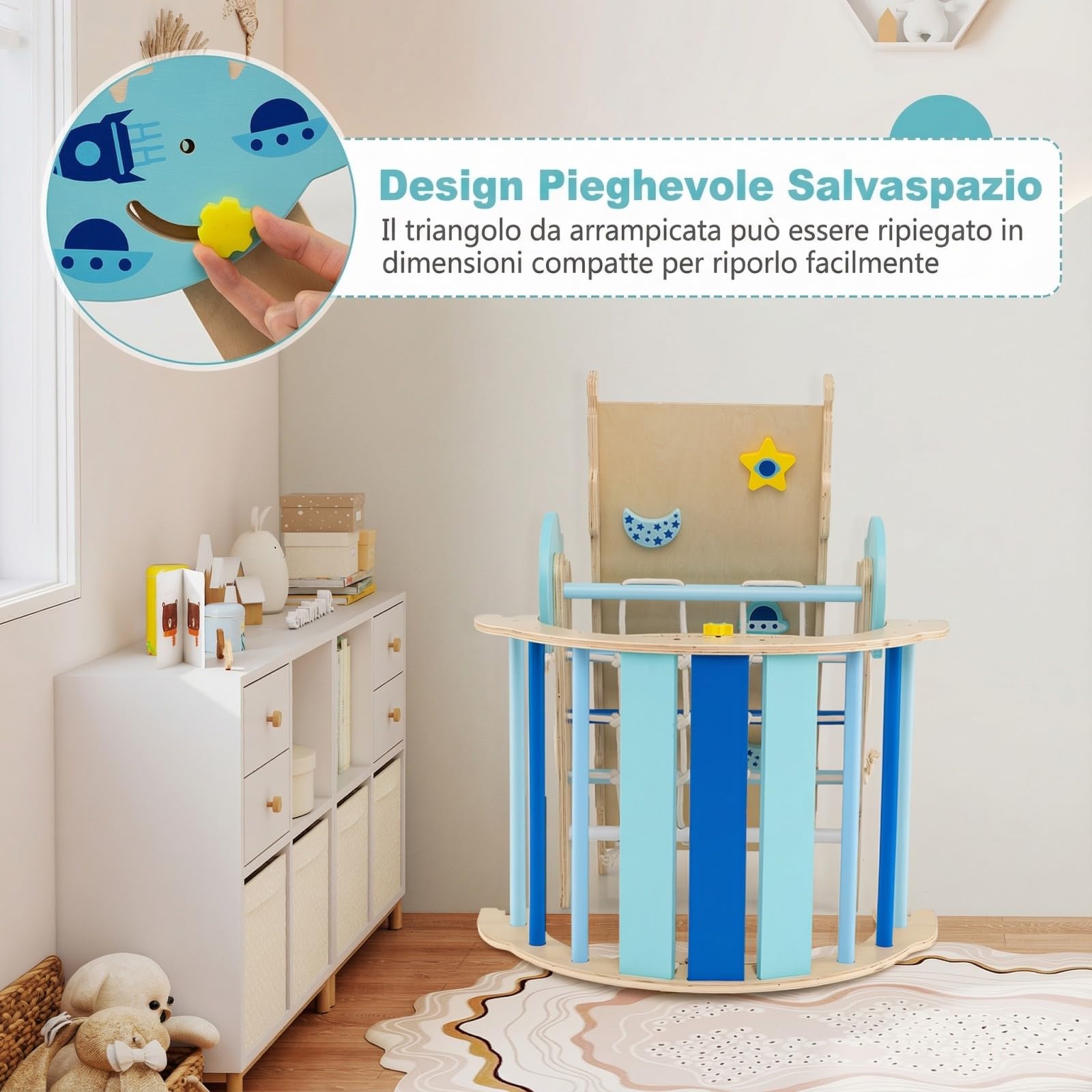 RELAX4LIFE Set da Arrampicata per Bambini, Triangolo di Arrampicata con Scivolo e Arco, Gioco di Incastri in Legno, Gioco Montessori per Bambini 1+ Anni (Astronauta con Rete-3 Pezzi | Blu)
