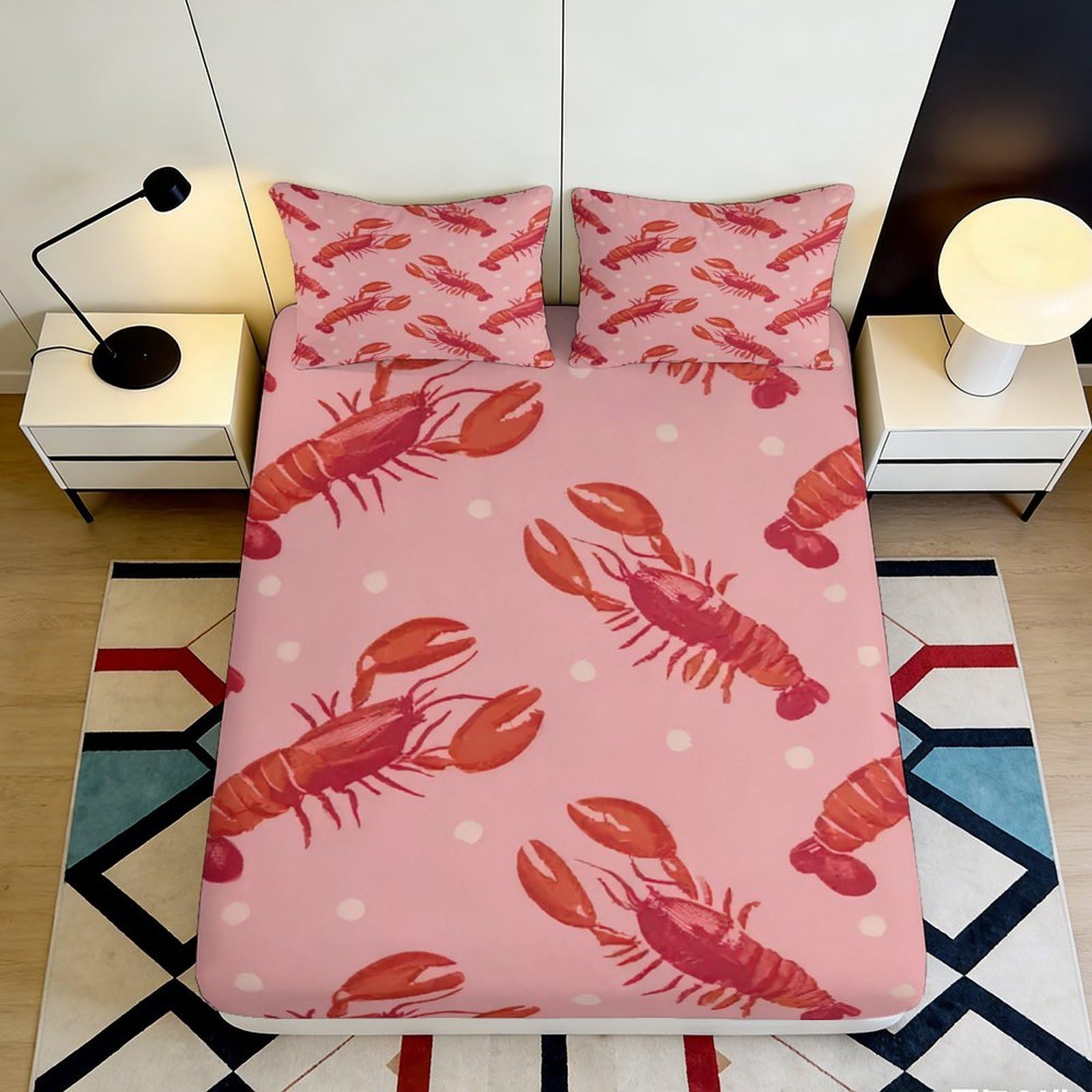 3D Printed Lobster Pattern Fitted Sheet Microfiber Deep Pocket Non-Slip Bedroom Bedding Lobster Mattress Fitted Cover Washable Protection 120x200x25cm
