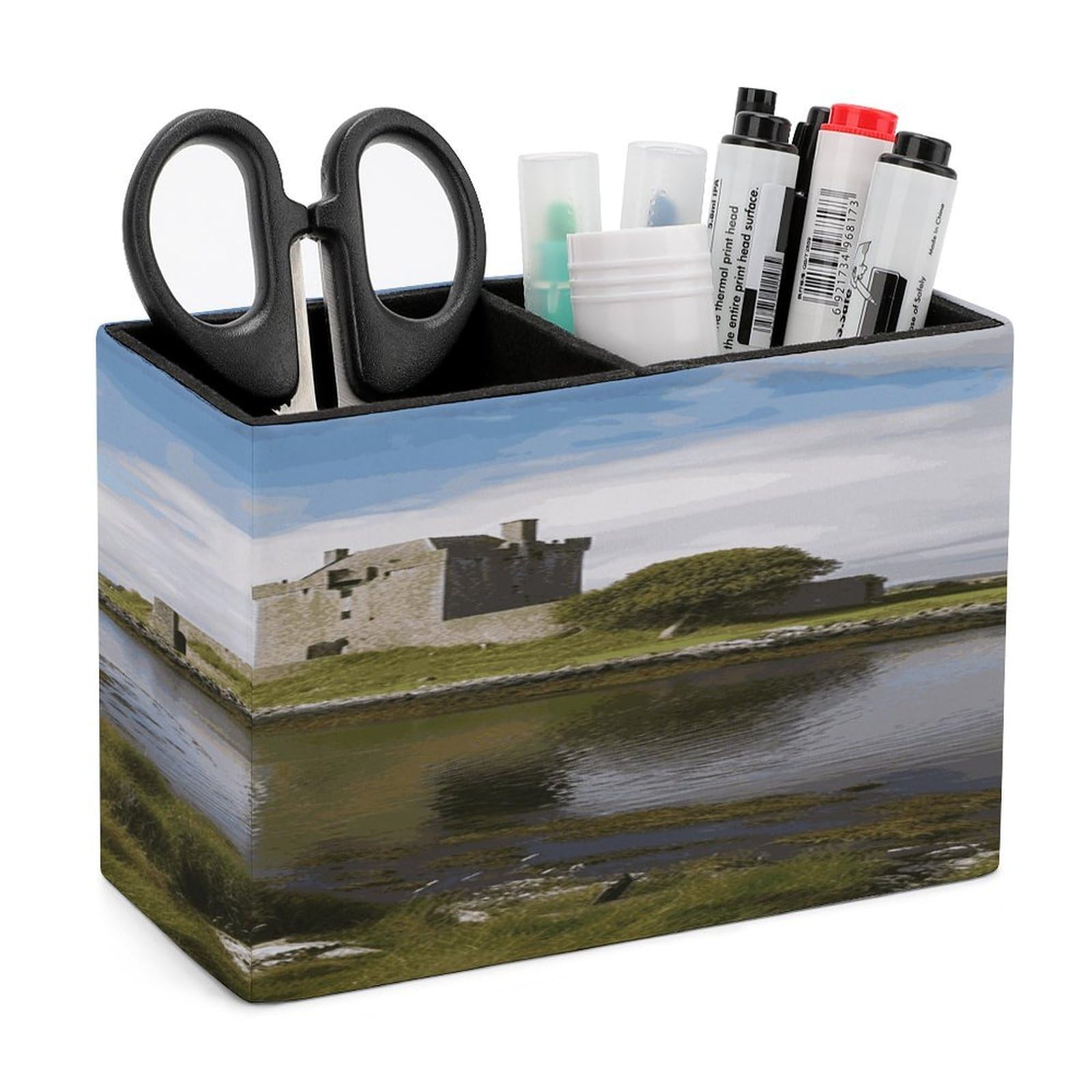 VstaDank View of The Dunguaire Castle Pencil Holder for Desk(Double Slots) Fashion Leather Pencil Cup Simple Rectangular Shape Pen Holder Multi-Functional Pen Cup for Home Office Supplies Storage