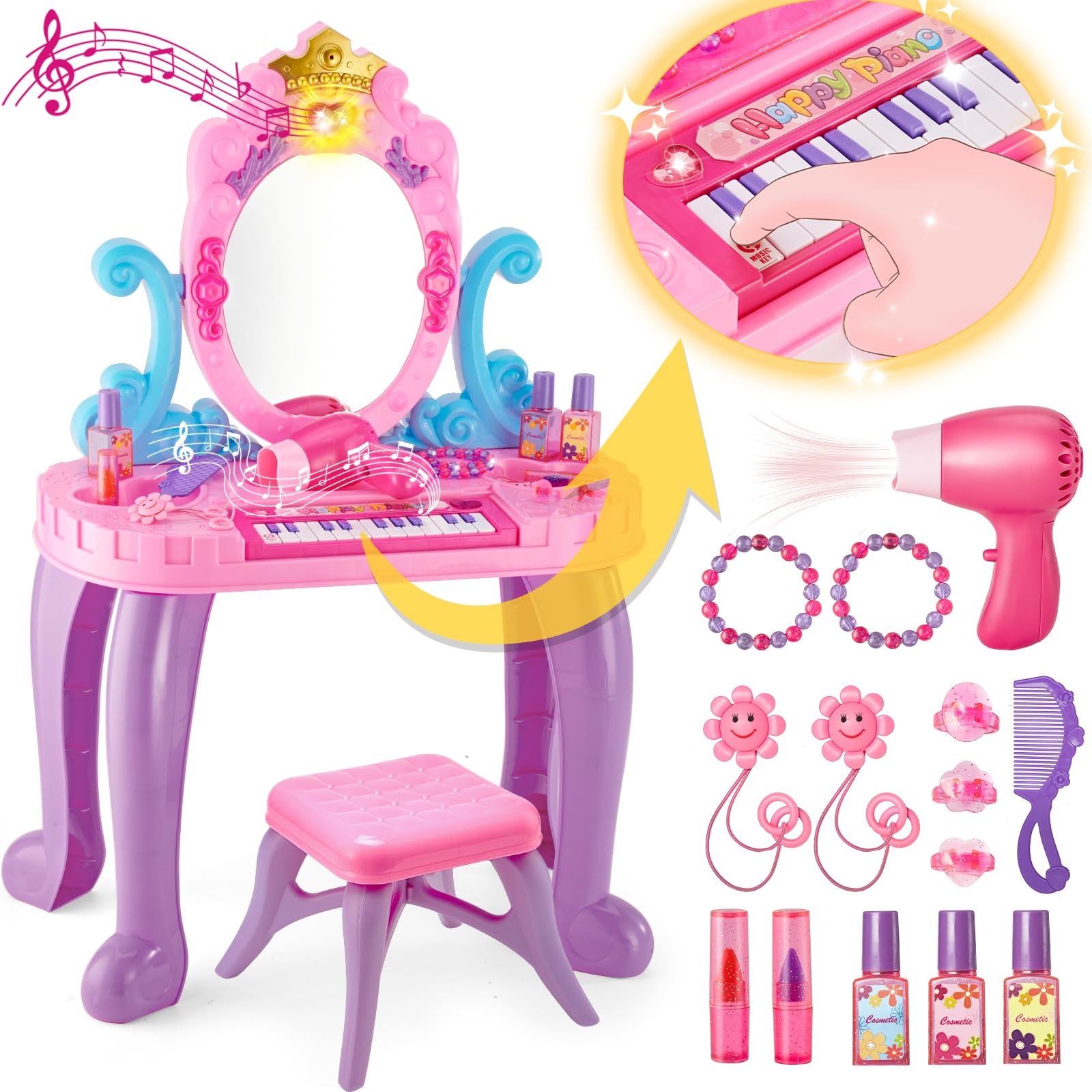 Vanity Makeup Table Toy for Kids, Toddler Girl Pretend Play Makeup Accessories- Princess Dress Up Set, Music Piano & Lights, Adjustable Mirror, Hairdryer, Mermaid Table & Chair Kit, Birthday Gift