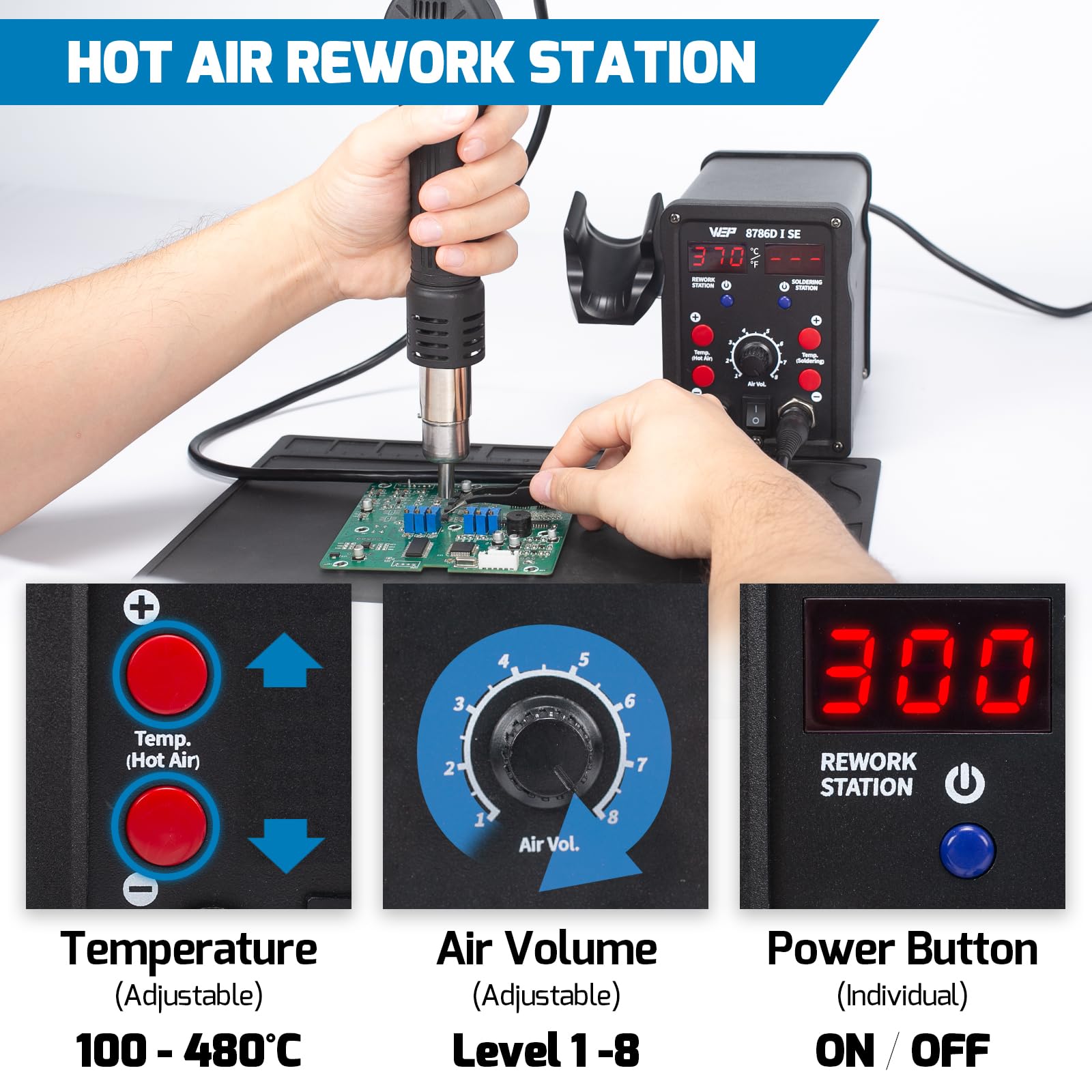 WEP 8786D-I SE Kit estación de soldadura con aire caliente 2-en-1para reparación desoldado con hilo de soldadura sin plomo 5 puntas de soldadura 3 boquillas de aire caliente bomba desoldadora(EU Plug)