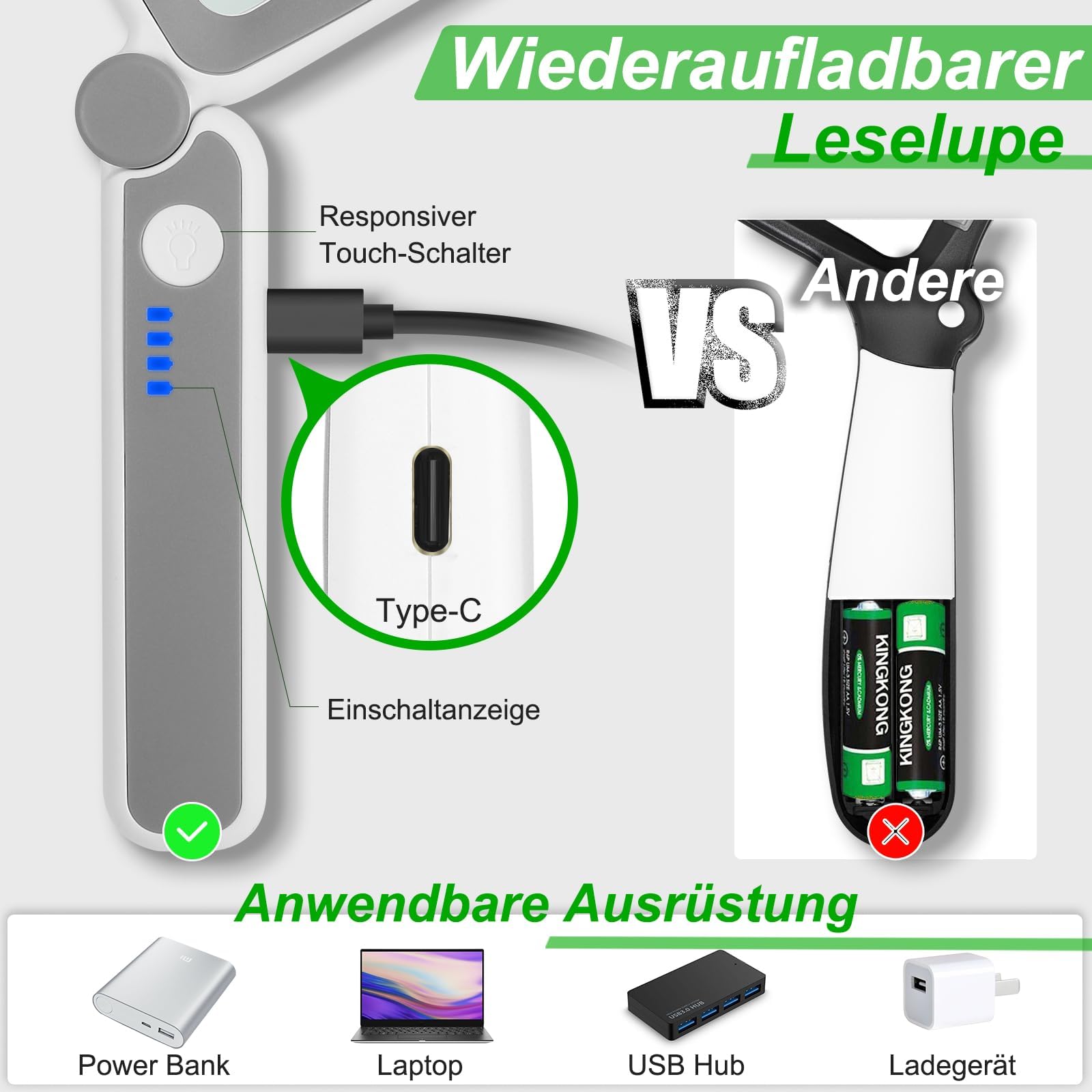 Wiederaufladbares 6-faches Vergrößerungsglas zum Lesen - Handliches Seitenvergrößerungsglas mit Licht für Sehbehinderte Senioren - Leichtgewichtige LED-Lupe zum Lesen/Zeitungen/Kleingedrucktem