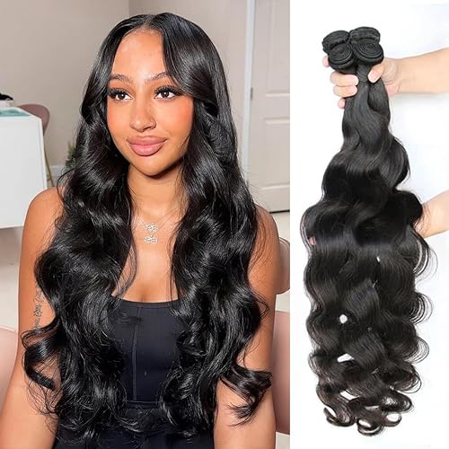 Brazilian Body Wave 4 Bundles Human Hair 16 18 20 22 Inch Thick Body Wave Bundles Human Hair 12A 100% Unprocessed Virgin Human Hair Weave Bundles Deals Soft and Bouncy Hair Extensions Natural Color