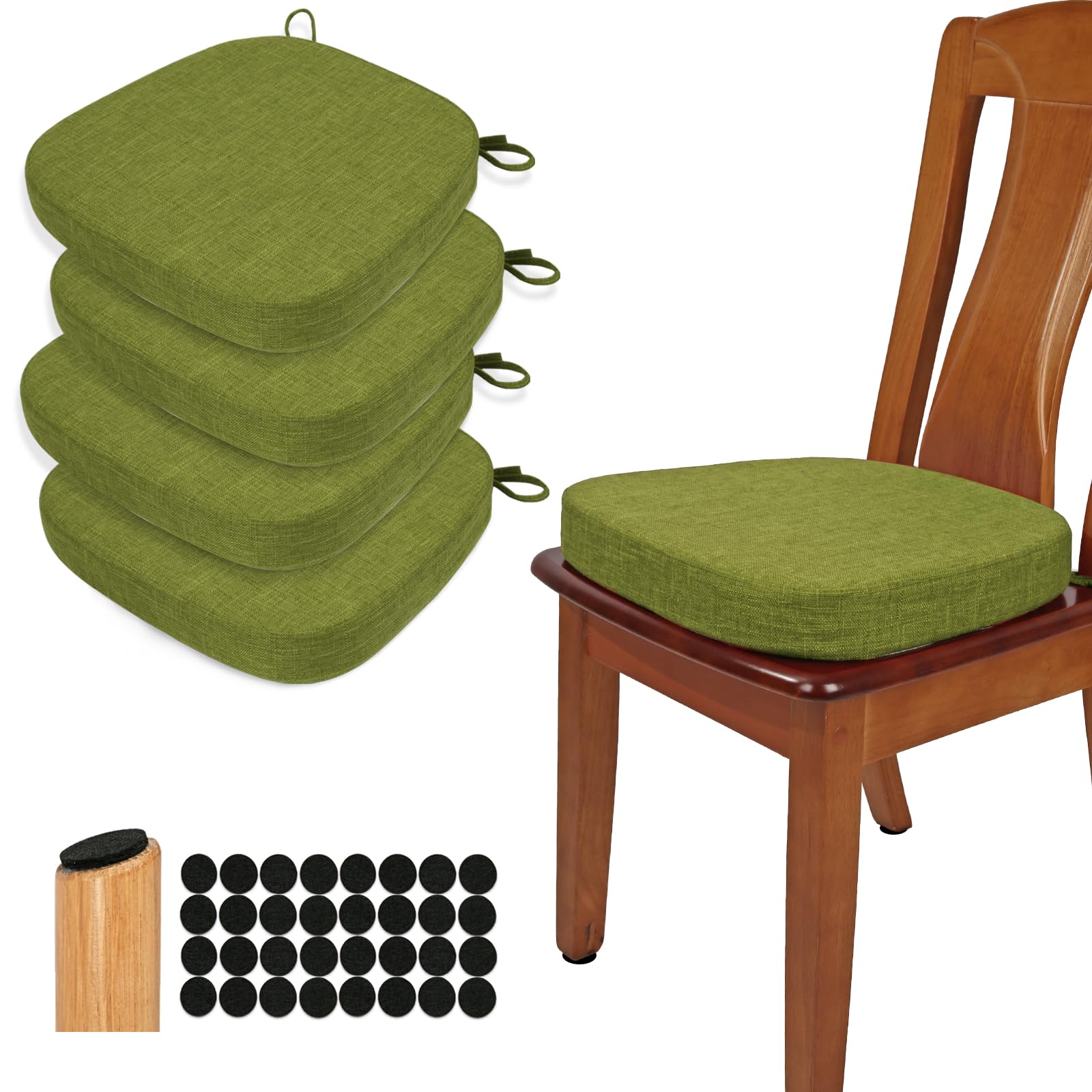 BUYUE Stuhlkissen 6,5 cm dick, U-Form Sitzkissen 40x40 cm mit hochdichtem Schaumstoff, Stoffbezug, rutschfestes Sitzpolster für Küche und Esszimmer (4 Stück, Grasgrün)