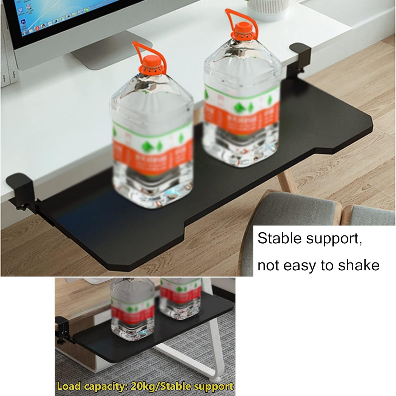 人間工学に基づいた木製キーボードトレイ。デスク下用。高さ調節可能。ウォールナット仕上げ。52x25cm。引き出し式キーボードに最適。