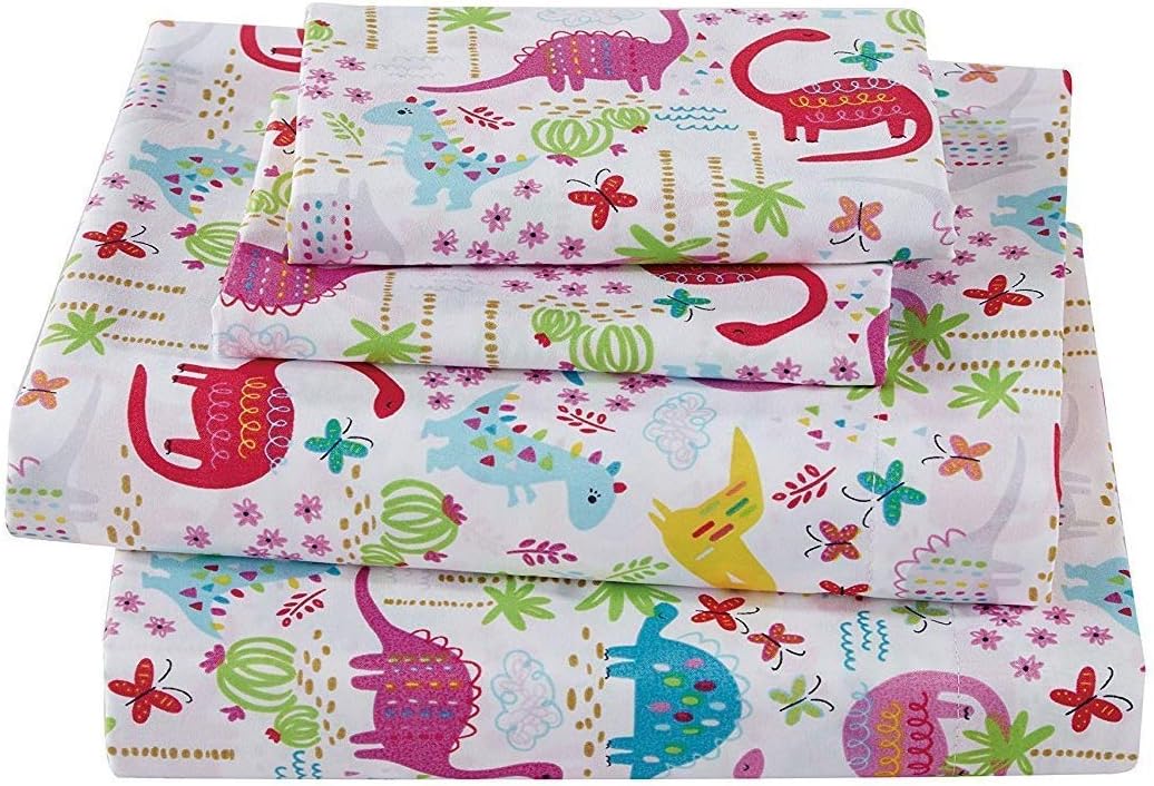 Elegant Home White Pink Blue Green Purple Dinosaurs World Design 3 Piece Printed Sheet Set with Pillowcases Flat Fitted Sheet for Girls/Kids  (Dinosaur Pink, Twin)