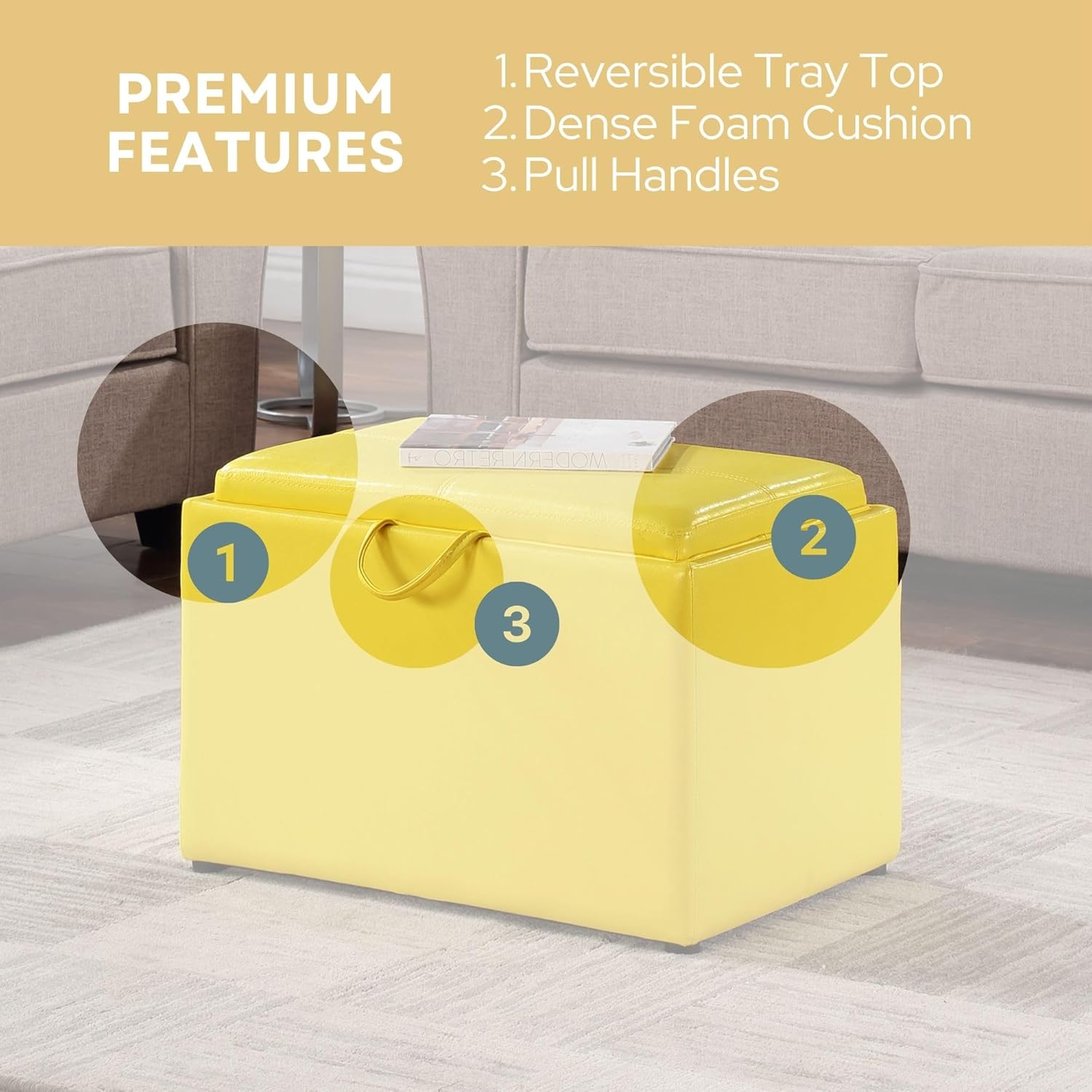 Modern Yellow Faux Leather Accent Storage Ottoman with Reversible Tray
