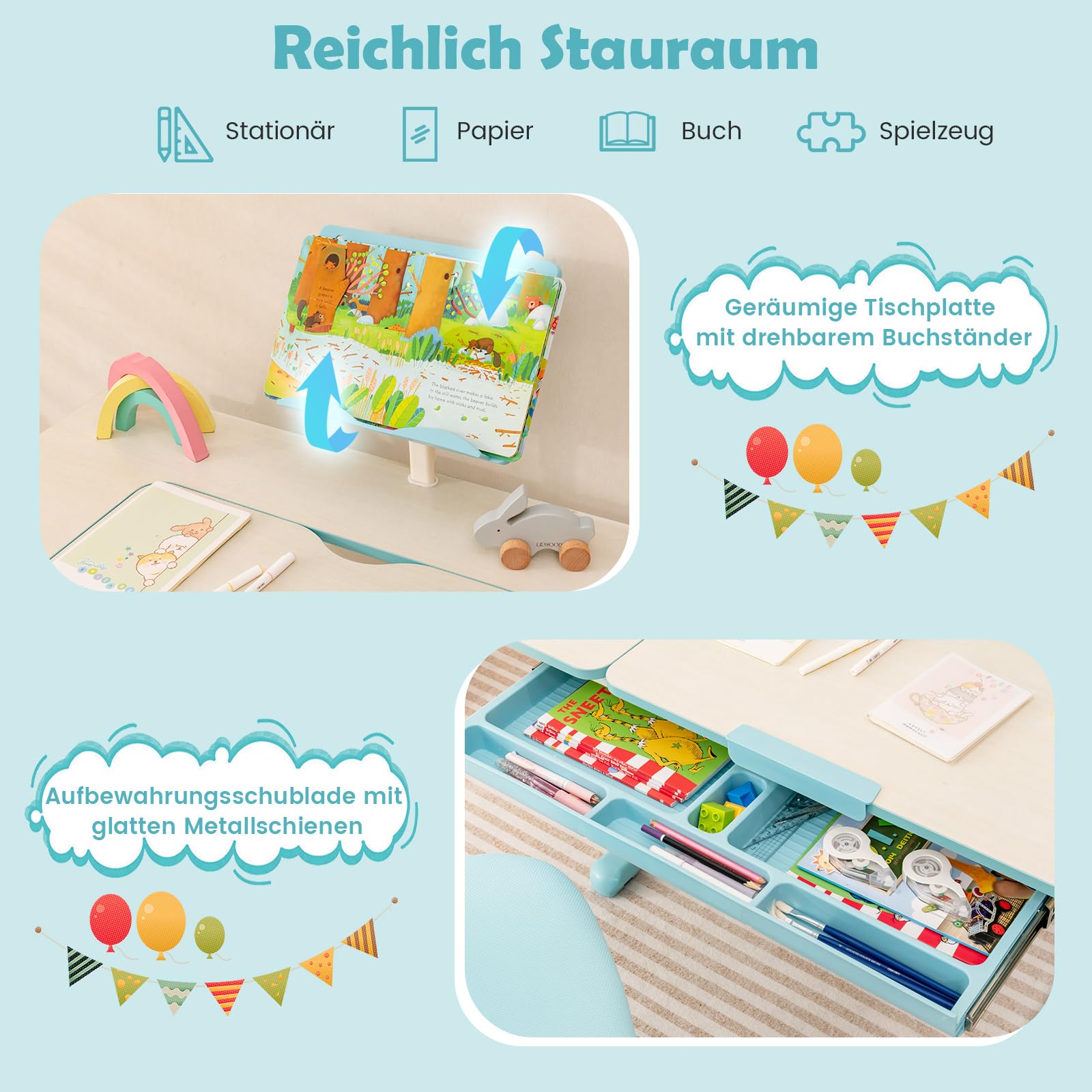 DREAMADE Kinderschreibtisch höhenverstellbar, Schülerschreibtisch neigungsverstellbar, Schreibtisch Kinder, Jugendschreibtisch mit Bücherständer und Schublade (Blau)