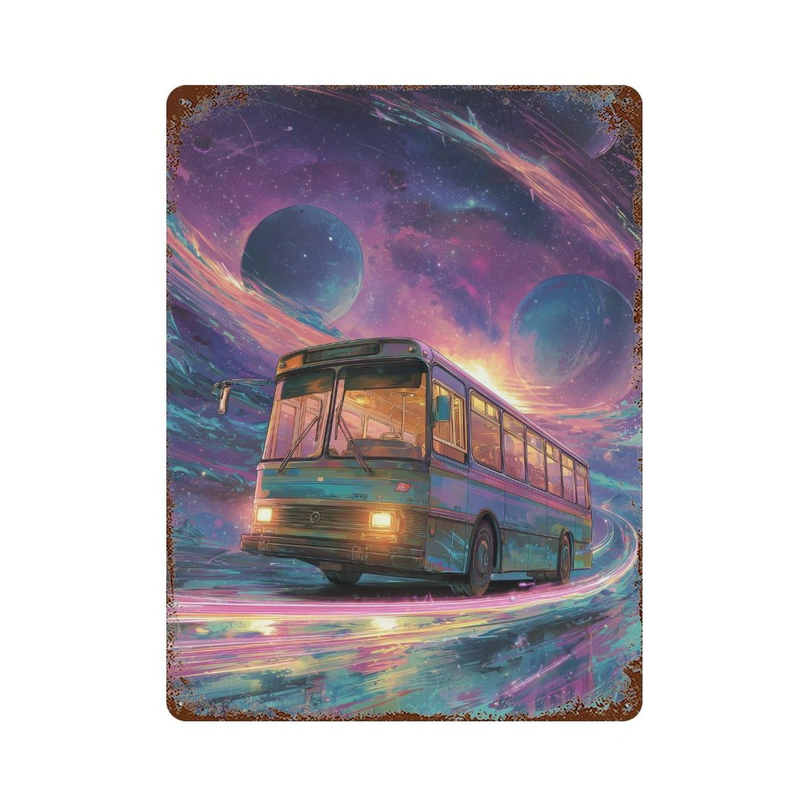 Aged Metal Wall Plaque with Interstellar Bus Journey Design 15.7"x11.8", for Shed, Workshop And Garage Wall Decor, Decorative Metal Wall Art
