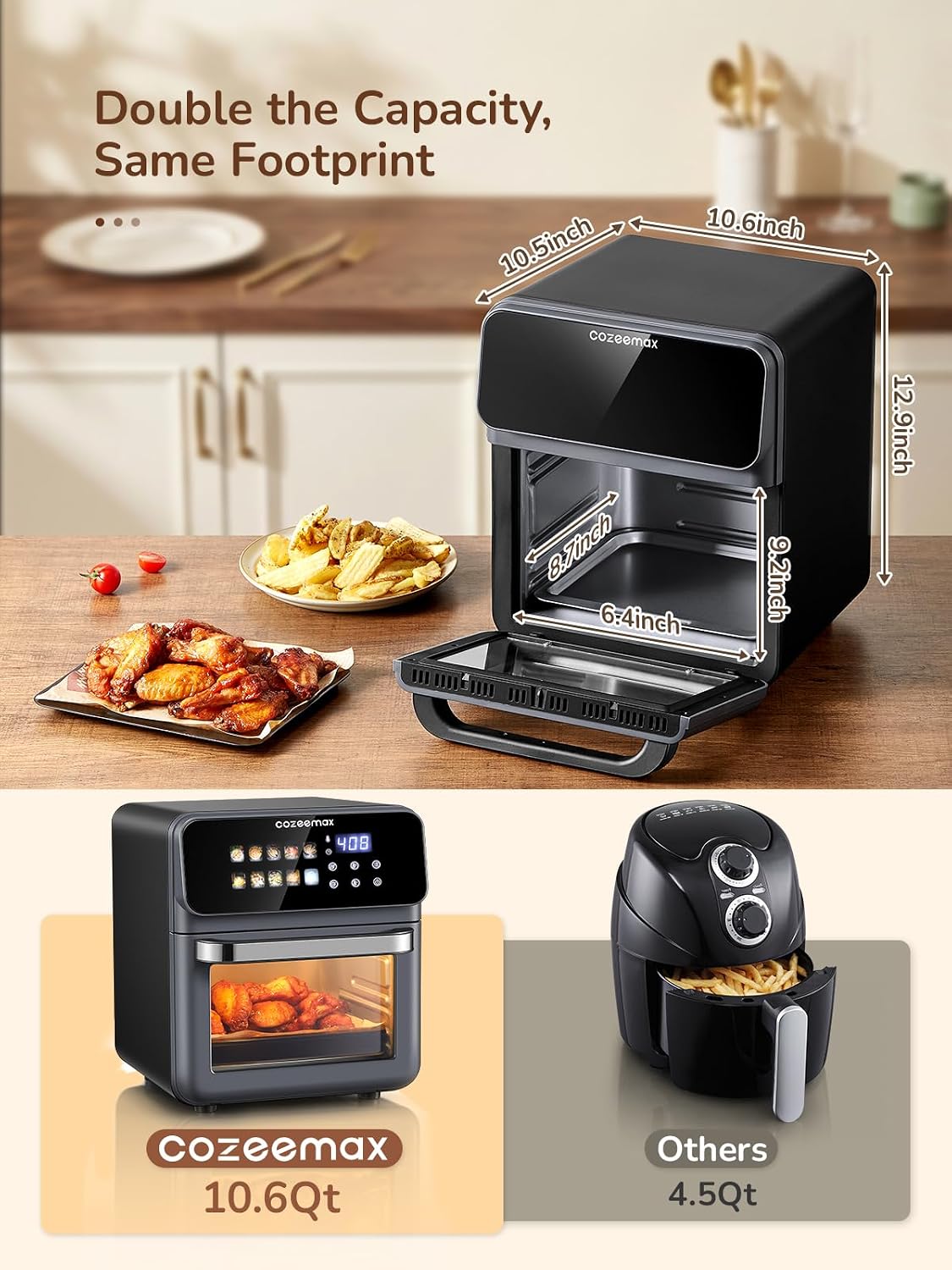 Air Fryer Oven, 10.6 QT Countertop Air Fryer with LED Touchscreen, 10 Preset Menus, Viewing Window, Adjustable 180-400°F Temp & 1-60 Min Timer, Black Stainless Steel