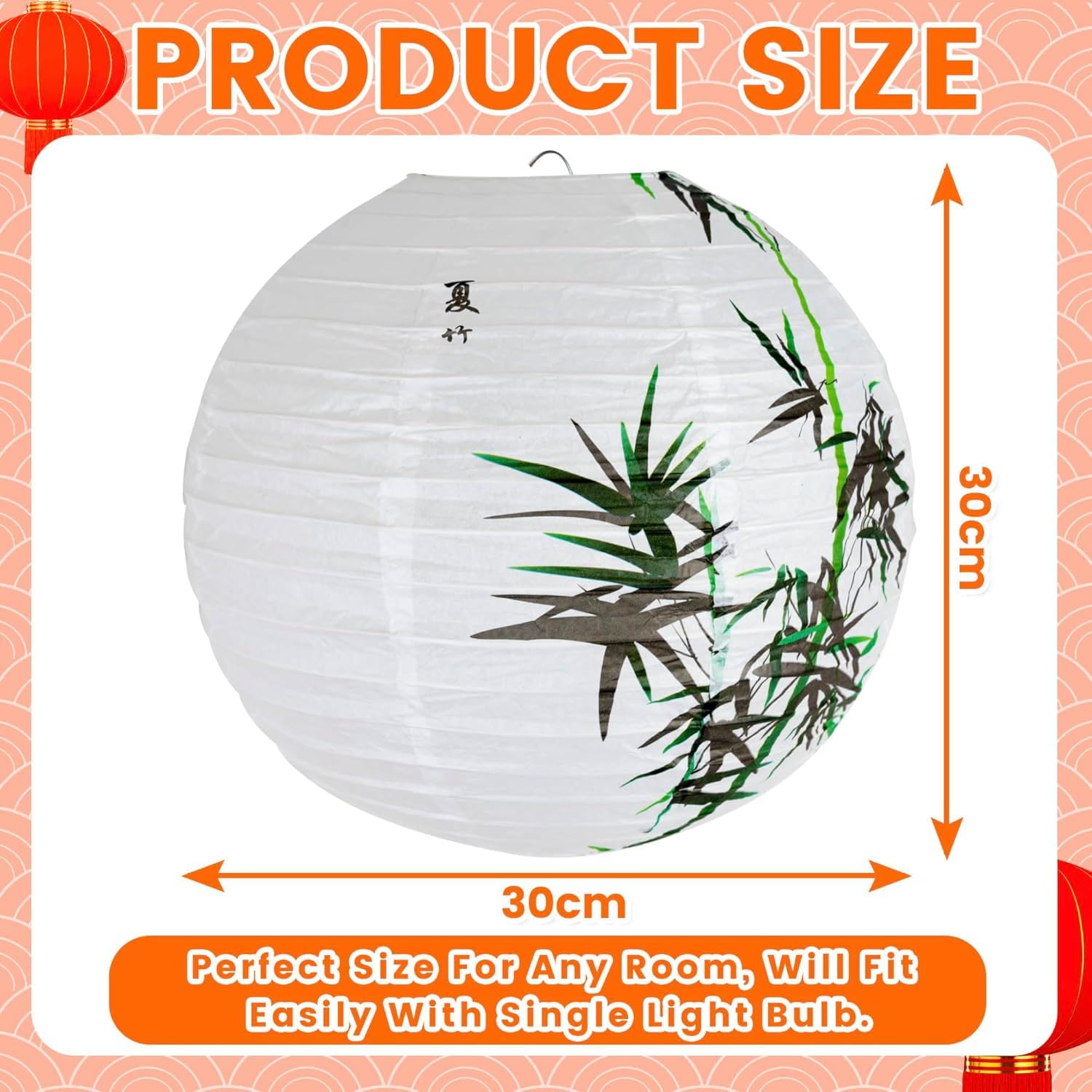 2pc Paper Lampshade Hanging Light Shade 30cm, Oriental Ribbed Japanese Ceiling Fixture with Cherry Blossom & Floral Patterns - Image 4