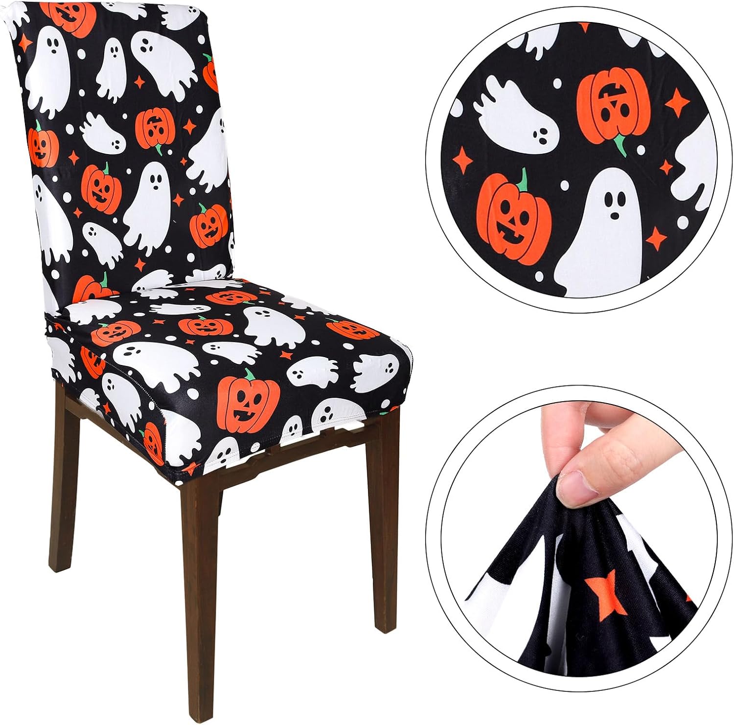 JarThenaAMCS 8Pcs Halloween Chair Covers Spooky Ghost Pumpkin Bat Dining Chair Slipcovers Black Removable Seat Covers for Home Kitchen Hotel Restaurant Decor