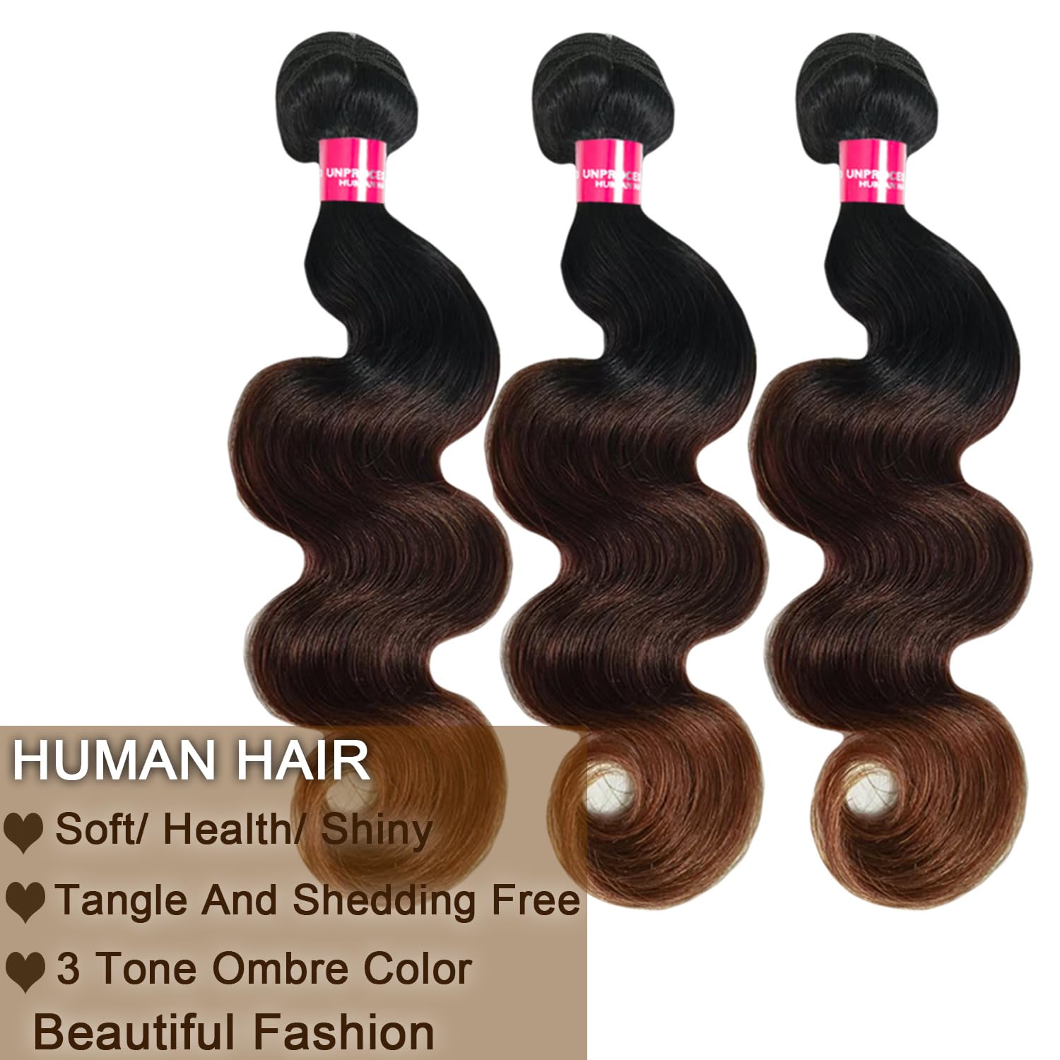 1B/2/4 Ombré Body Wave Human Hair Bundles 16 18 20 Chestnut Brown Bundles Human Hair Three Tones Ombré Brown Body Wave Human Hair Extensions
