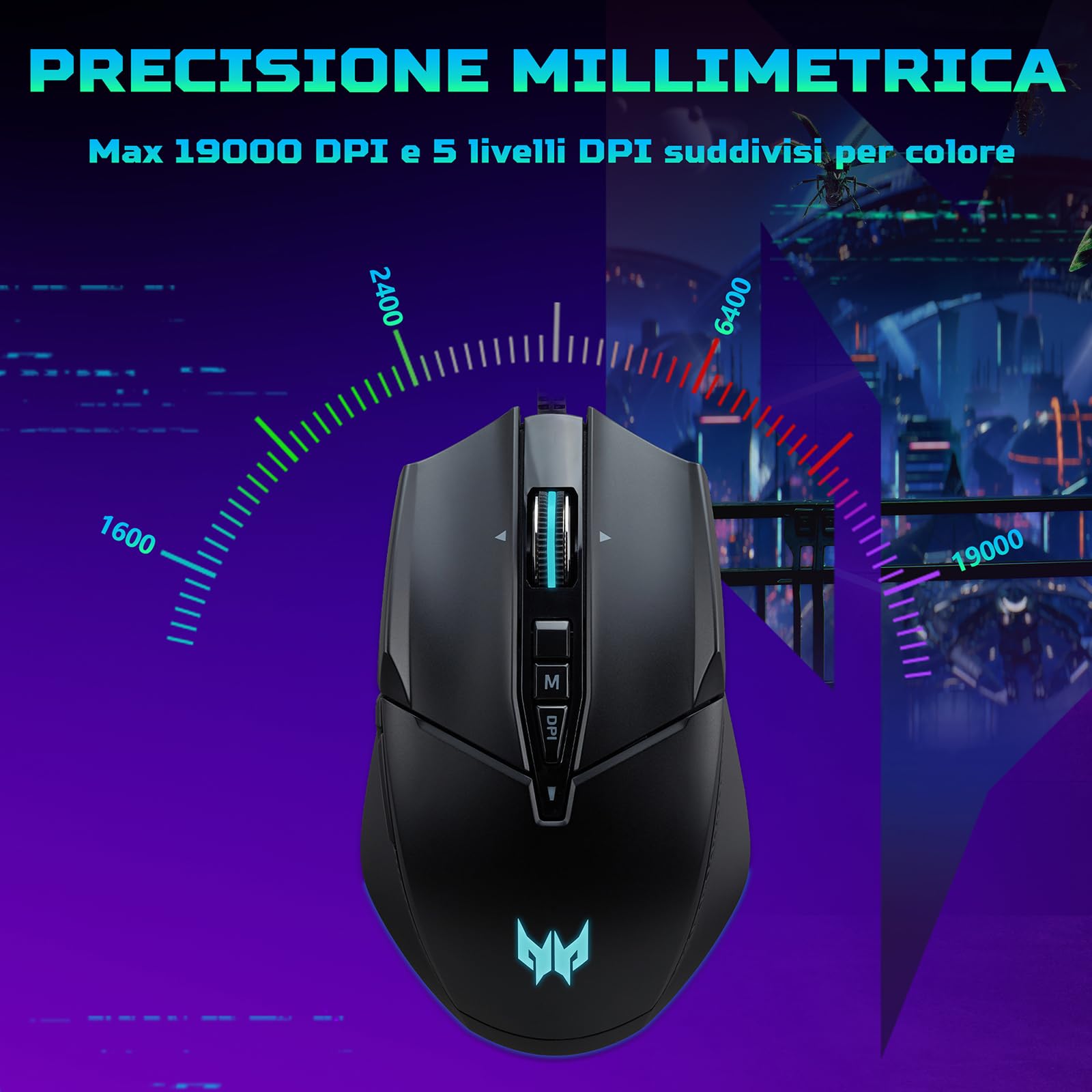 Predator Cestus 335, Mouse Gaming, fino a 19.000 DPI, 5 livelli DPI, 10 Pulsanti Programmabili con Buster Fire, IPS 400, Sensore Pixart 3370, Scrolling Infinito, Mouse USB, Nero