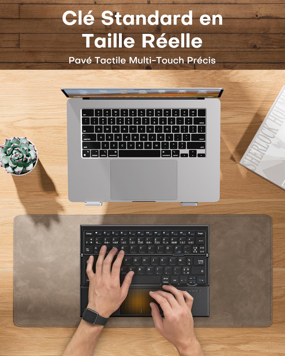 OMOTON Kabellose Tastatur, AZERTY, faltbar, Bluetooth, mit Touchpad, Schwarz | Multi-Geräte, 3 Bluetooth-Geräte, leise Mini-Tastatur, kompatibel mit Android Windows iOS Telefon Tablet iPad