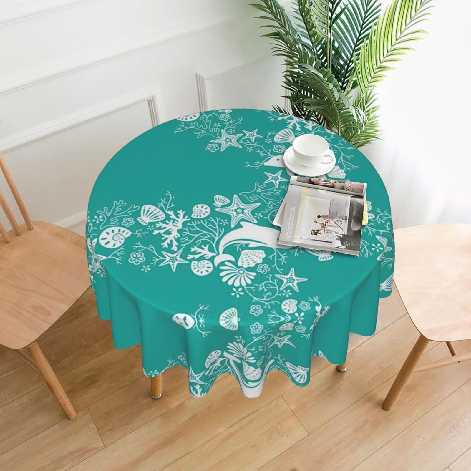 SDEGTHO Dolphins Flowers Sea Starfish Coral Seashell Print Modern Retro Round Tablecloth 60in Polyester Fabric Cover for Party Dining Table Washable