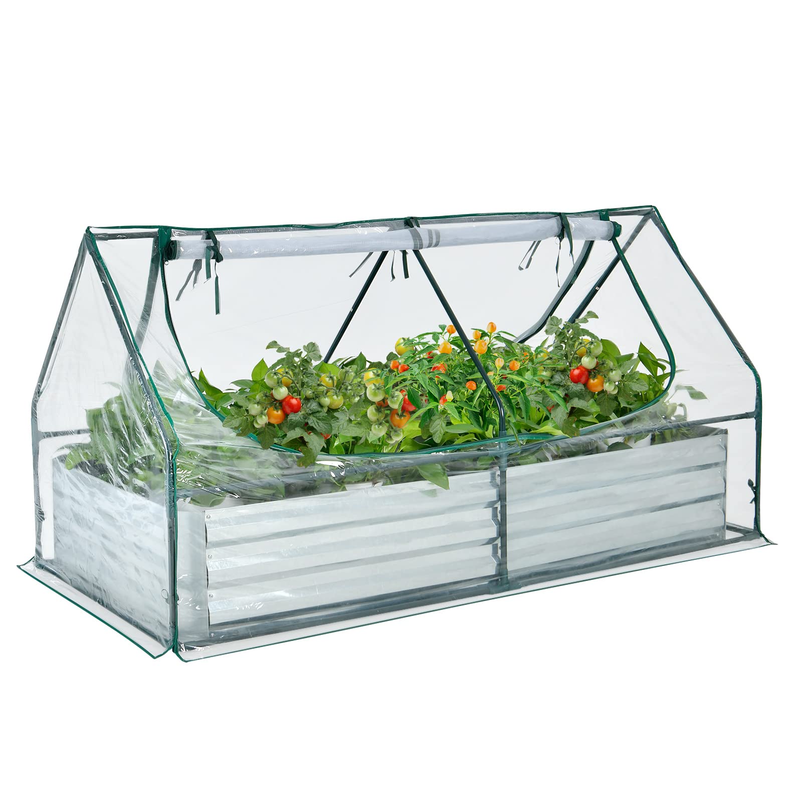COSTWAY Cama de Jardín Elevada Galvanizada con Invernadero, Huerto Urbano Elevado, Jardinera Exterior sin Fondo con Cubierta, Ventanas Enrollables de 2 Niveles (180 x 90 x 91 cm)