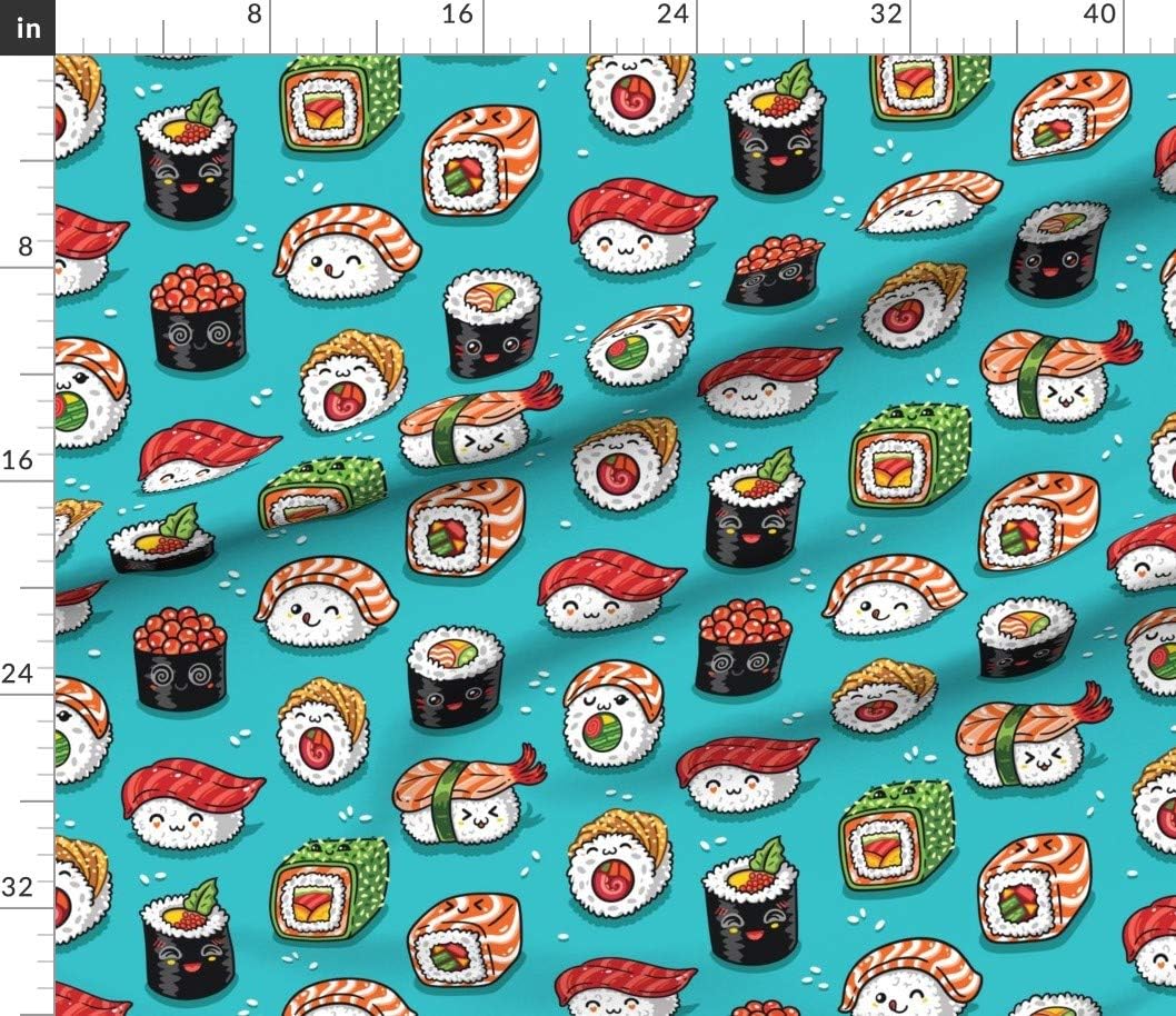 Spoonflower Fabric - Sushi Kawaii Food Fish Japanese Sashimi Asia Kawaii Sushi Bar Tasty Printed on Petal Signature Cotton Fabric by The Yard - Sewing Quilting Apparel Crafts Decor