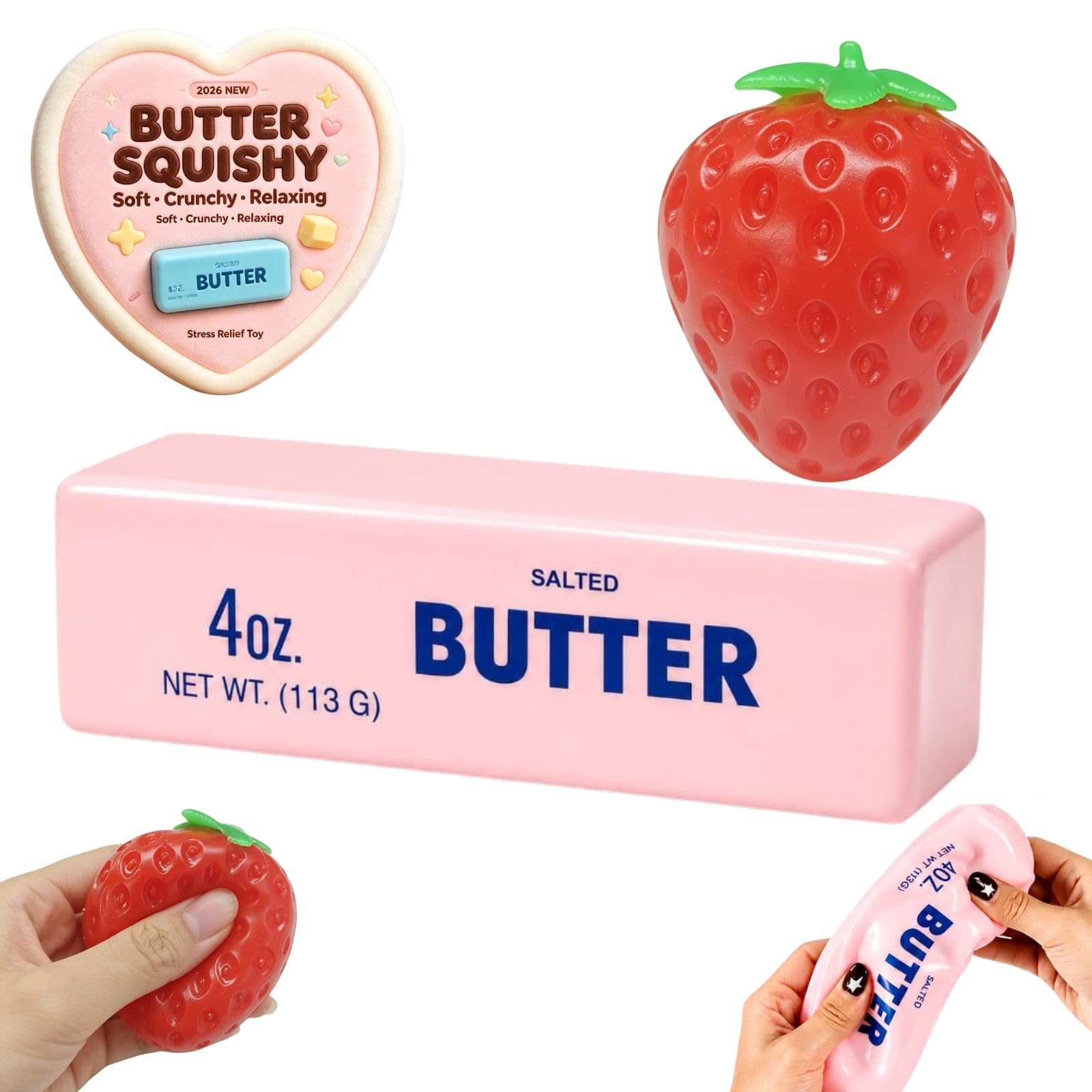 Crunchy Squishy Butter& Strawberry Squishy – 2-Pack, Bead-Filled Crunch, Slow Rise Sensory Fidget for Desk Calming, Great for Gifts，A