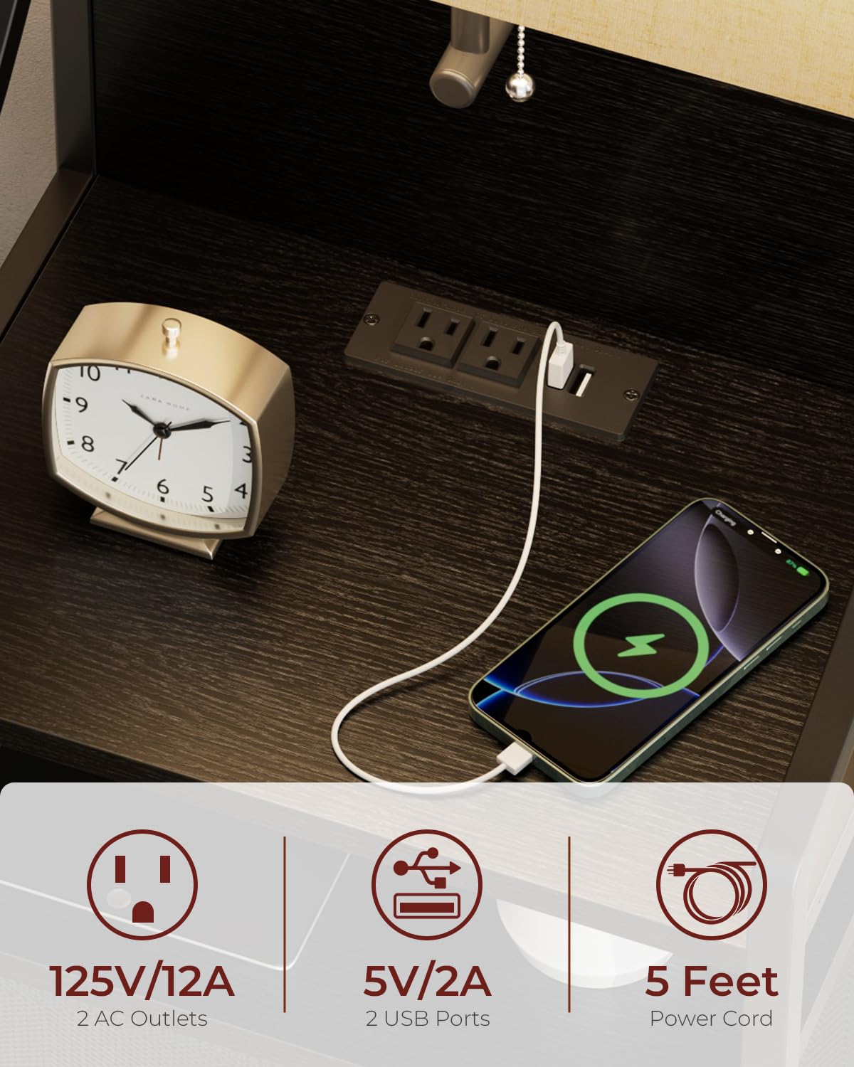 Evermagin Set di 2 comodini alti 114,3 cm con luce, comodino con stazione di ricarica, porte USB e uscite, comodino con 2 cassetti in tessuto, per camera da letto, dormitorio, nero