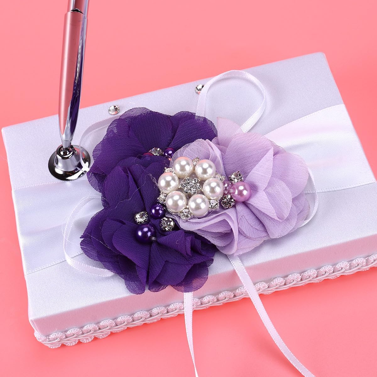 Wedding Ring Bearer Pillow and Flower Girl Basket Set Notebook Pen Holder, Pearl Bowknot Flower Design for Wedding Ceremony (Taro Color Purple)