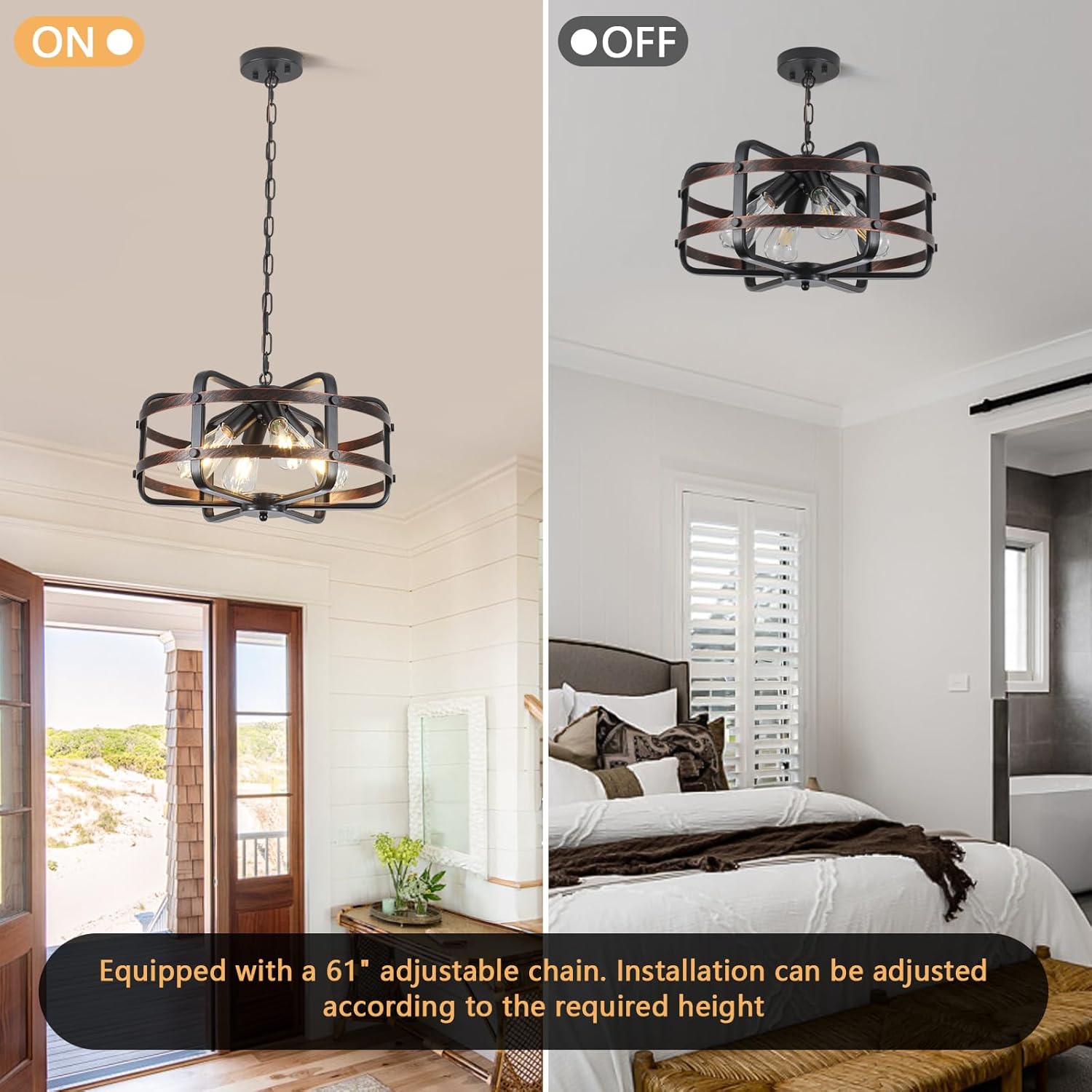 17.71" Modern Farmhouse Chandelier 4-Lights Cage Industrial Black Chandeliers for Dining Room Light Fixture Rustic Lantern Pendant Vintage Lighting Fixtures for Foyer Kitchen Entryway Living Room E26