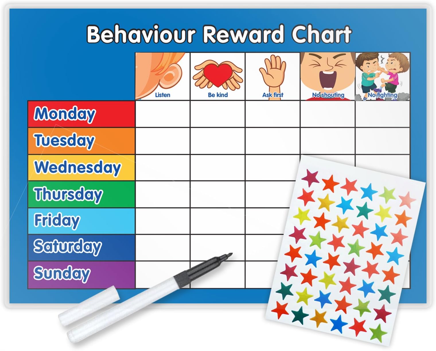 Reward Chart (A4, Blue) with FREE Star Stickers and Pen for Kids