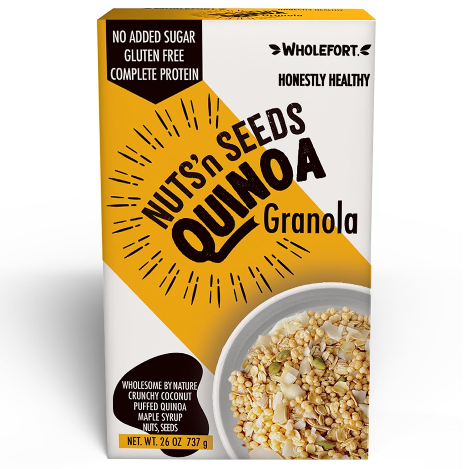 Wholefort Nuts 'n Seeds Puffed Quinoa Granola Cereal, No Added Sugar, Gluten Free, Vegan, Light Crunch with Organic Maple Syrup, Coconut, Cashews, Pumpkin Seeds & Sea Salt, Breakfast or Snack (26 oz)