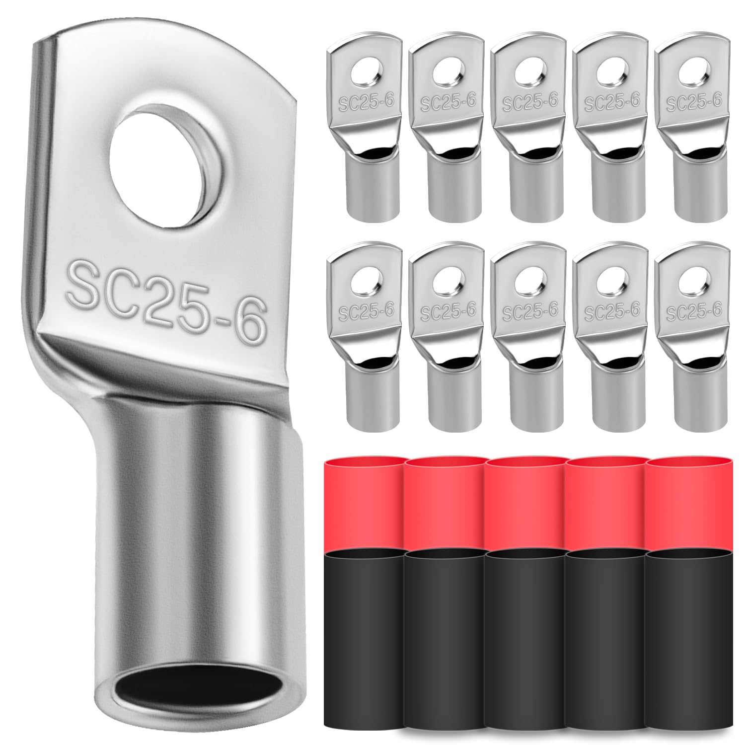 10x Cable Lugs 25mm² M6 Thickened Copper Uninsulated SC Crimp Lugs Battery Cable Ends Lugs Battery Terminals with 10 Heat-shrink Tubing 3: 1