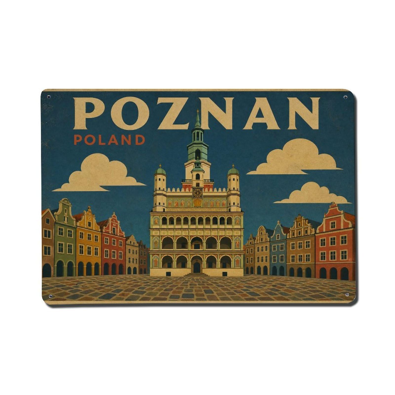 Retro Travel Poland Poznan Metal Tin Sign Plaque Wall Decor for Cafe, Club Bar, Office, Garden Metal Poster 8x12Inch