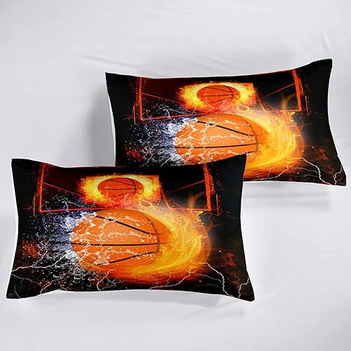 Miniatura 5 de Juego de ropa de cama de baloncesto de tamaño matrimonial, edredón de microfibra suave + 2 fundas de almohada, estampado de fuego para decoración de