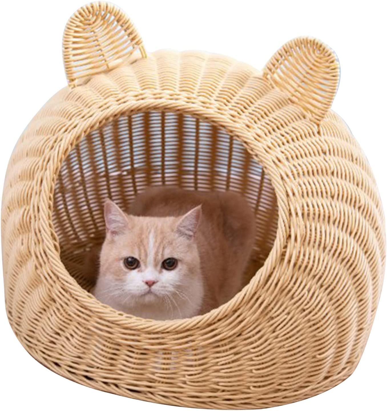 Cat Bed, Washable Hand Woven Breathable Cat House Comfortable Cute Cat Ear for Pets for Small Dogs for Indoor (Beige)