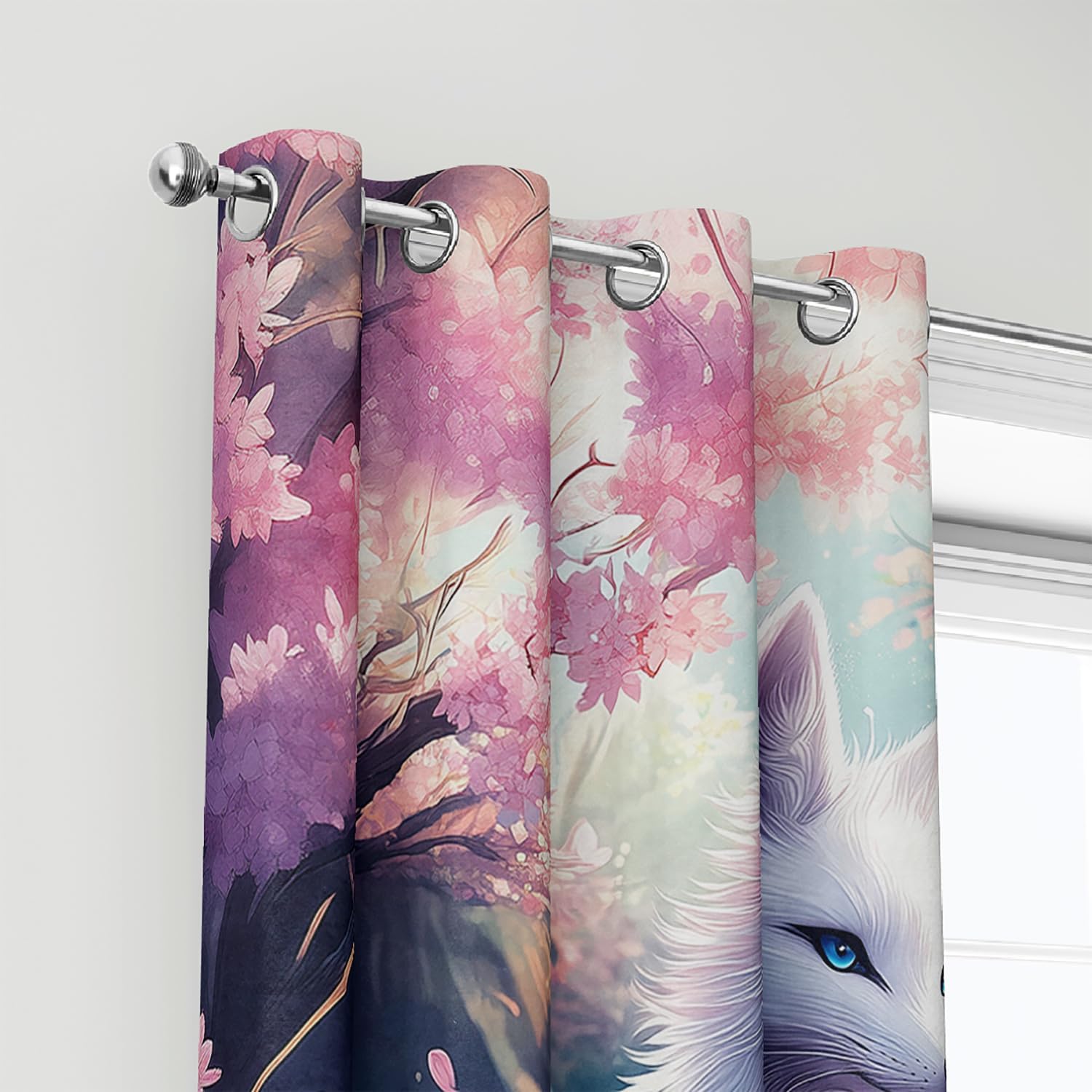 AILONEN Fox Window Drapes,Pink Cherry Blossom Window Curtain for Kids Girls Teens Adults,Floral Wild White Fox Window Treatment Drapes for Bedroom Living Room Decor, 52" W x 84" H,2 Panels Set