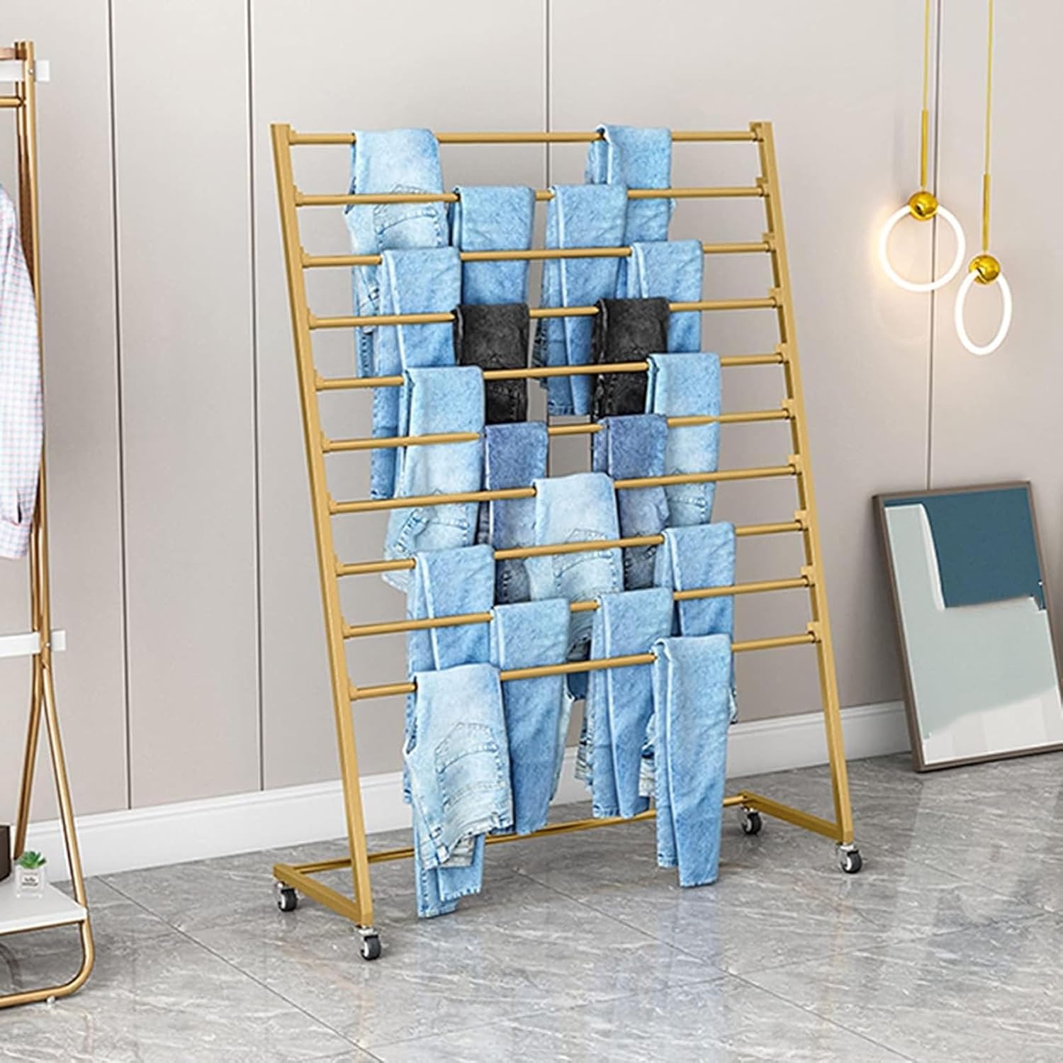 Metal Scarf Display Rack With Wheels, 10-Layer Floor Standing Shawl Shelf, Modern Commercial Clothing Retail Store Silk Scarf Shawl Blanket Accessory Organizer Rack, 3 Colors ( Color : Gold , Size : 1