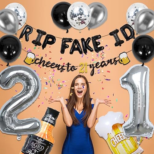 Miniatura 5 de Decoraciones de cumpleaños 21 para él - Decoración de cumpleaños 21 en negro y plata para ella con pancarta de 21 años de felicitación, cortinas,