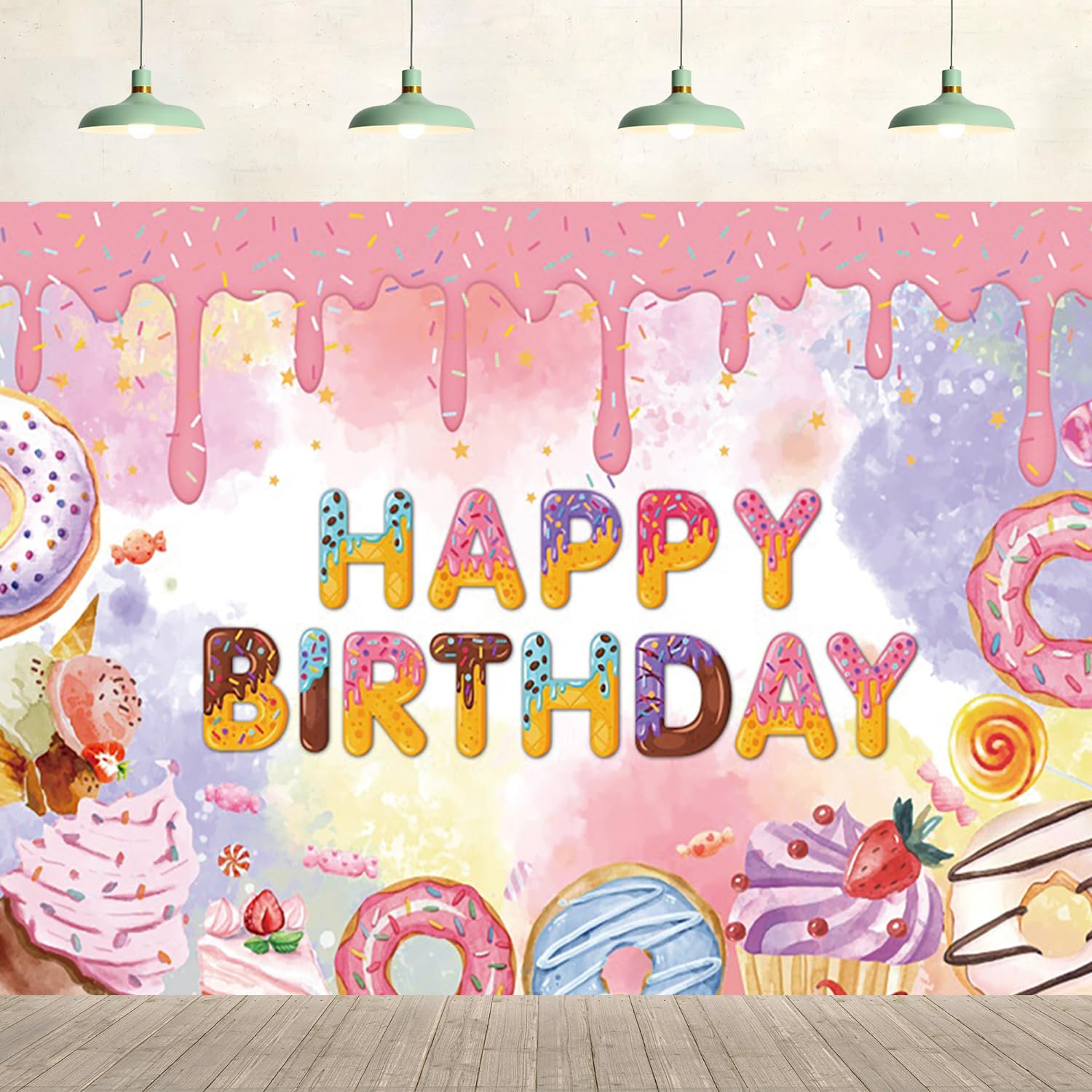 7x5ft Donut Happy Birthday Backdrop Colorful Ice Cream Cupcake Cookie Sprinkles Pink Background Kids Party Supplies Banner Wall Decor Children