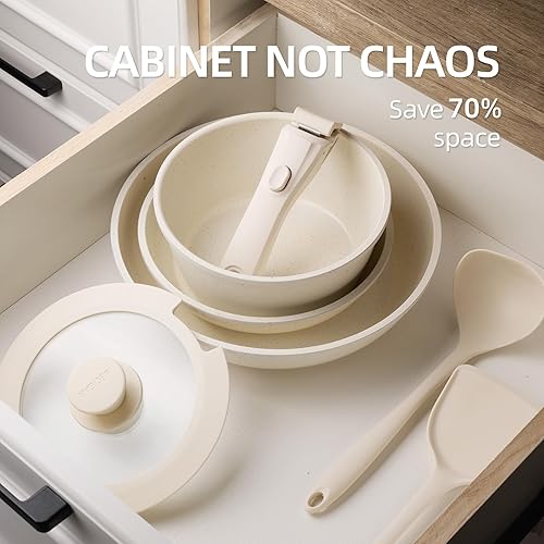 Miniatura 3 de Juego de 8 piezas de utensilios de cocina de cerámica, sartén de cerámica antiadherente, juego de ollas y sartenes con mango extraíble, juego de