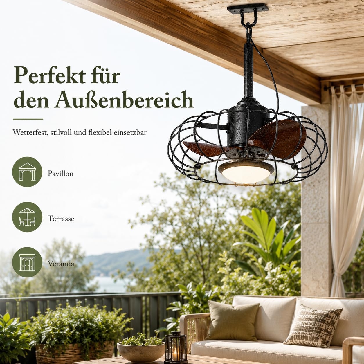 Outdoor Deckenventilator mit Beleuchtung & IP65 Wasserdicht, Fernbedienung | Deckenventilator mit Licht, Timer, Dimmbar 6 Geschwindigkeiten mit App-Steuerung, Perfekt für Pavillon, Terrasse & Veranda