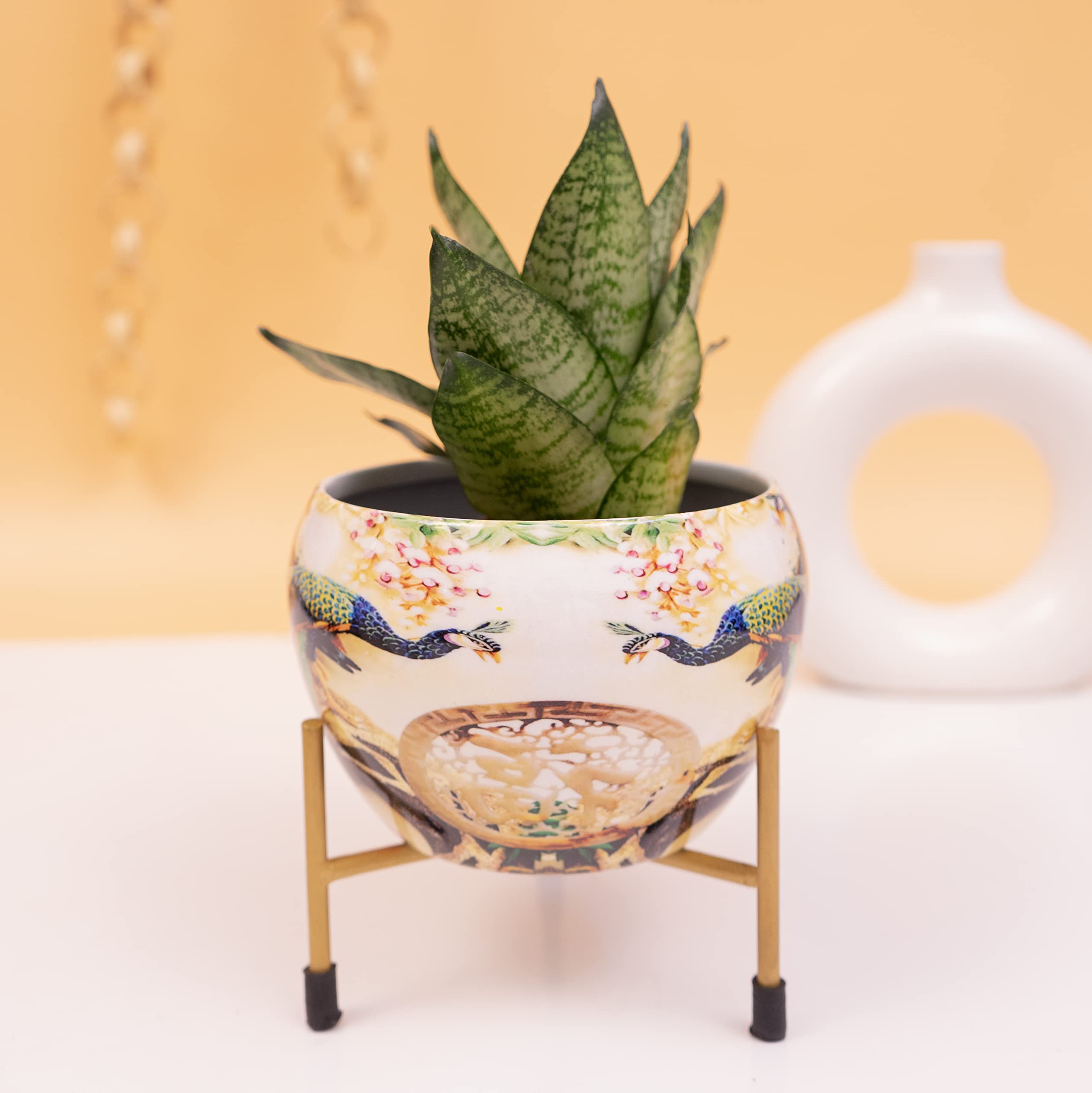 KYARI Artsy Peacock Print Metal Pot with Stand, Rust-Free Powder Coating, Indoor & Outdoor Use, Home & Office Decor, Plants Not Included, Pot Size: 10 * 13cm, Stand Height: 7.5cm (B09SLVYWND) Amazon Price History, Amazon Price Tracker
