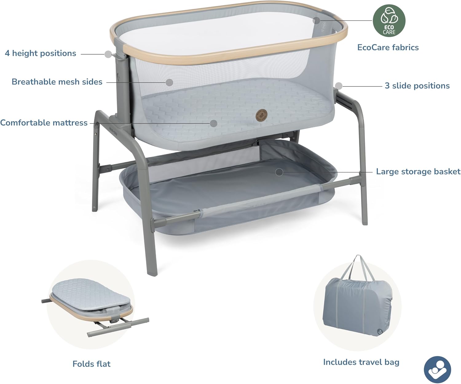 Maxi-Cosi Iora Baby Bassinets Bedside Sleeper, Portable Bassinet, Infant Bedside Sleeper Crib, Height Adjustable, Breathable Mesh, Large Storage Basket, Classic Slate